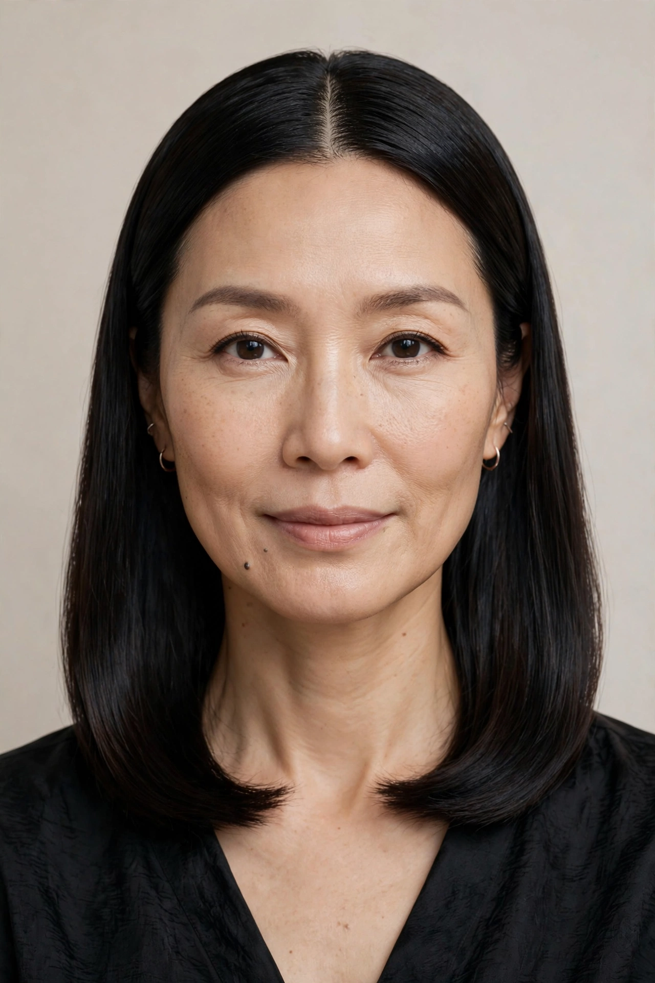 Woman in her 40s with a polished middle-part medium haircut