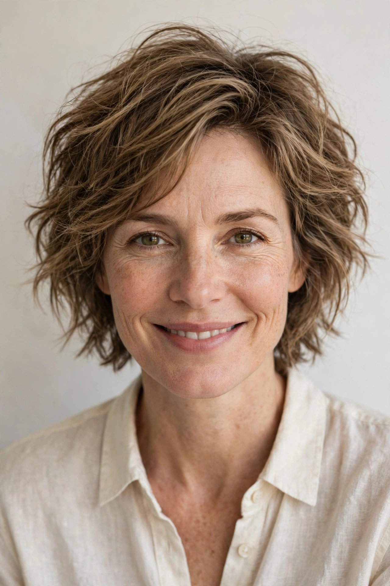 Woman over 40 with a tousled lob and piecey layers hairstyle