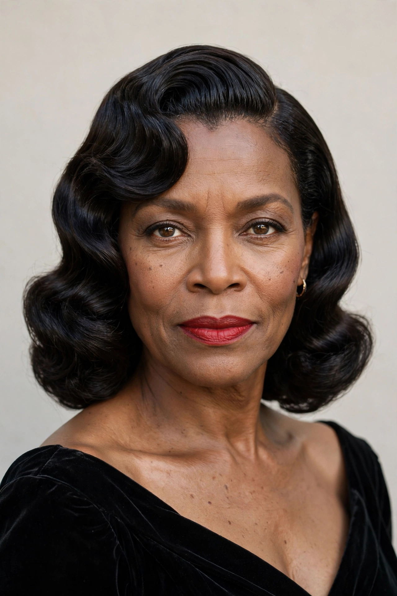 Woman in her 50s with vintage Hollywood waves medium length hairstyle