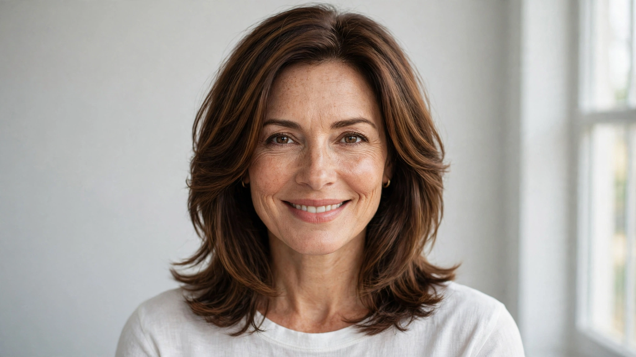 Woman in her 40s with a gorgeous layered medium length hairstyle, smiling softly