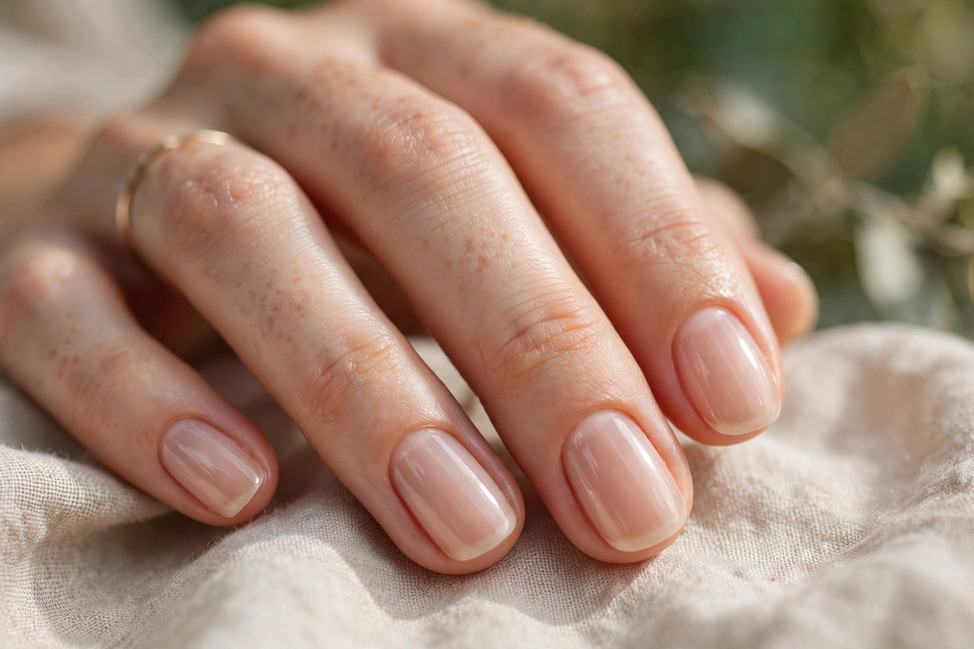 Classic sheer nude nail designs on natural oval nails with glossy finish