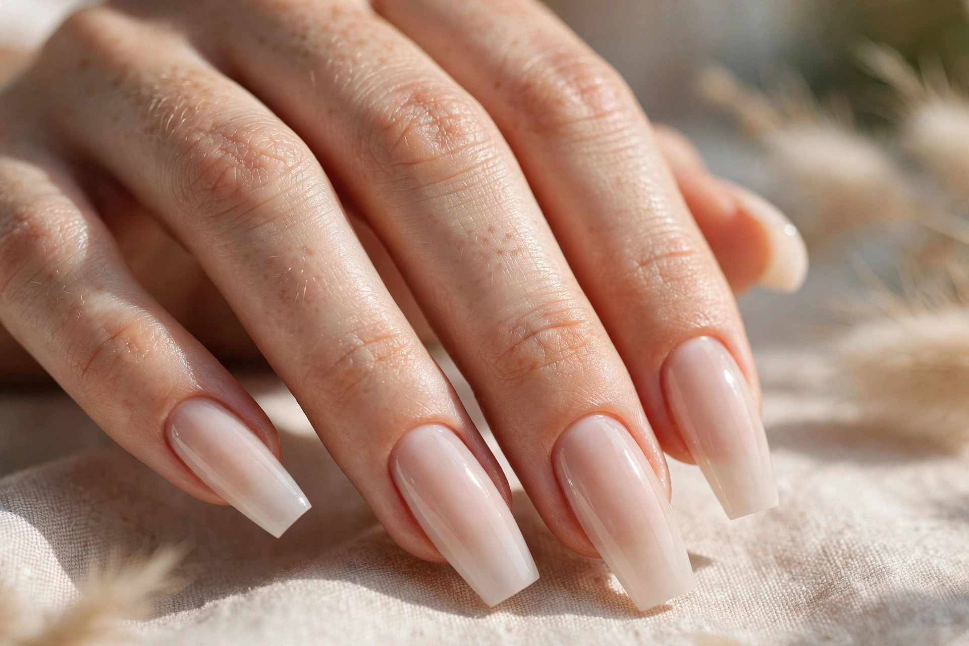 Milky nude nail designs on long coffin shaped nails with soft sheen