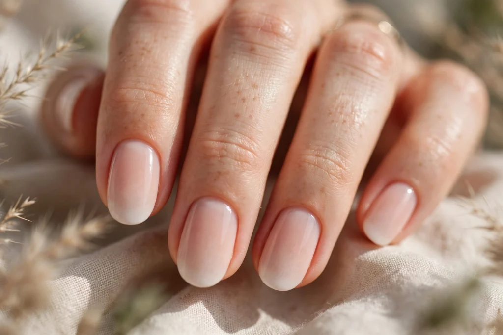 Soft nude French fade ombre nail designs with blended tips