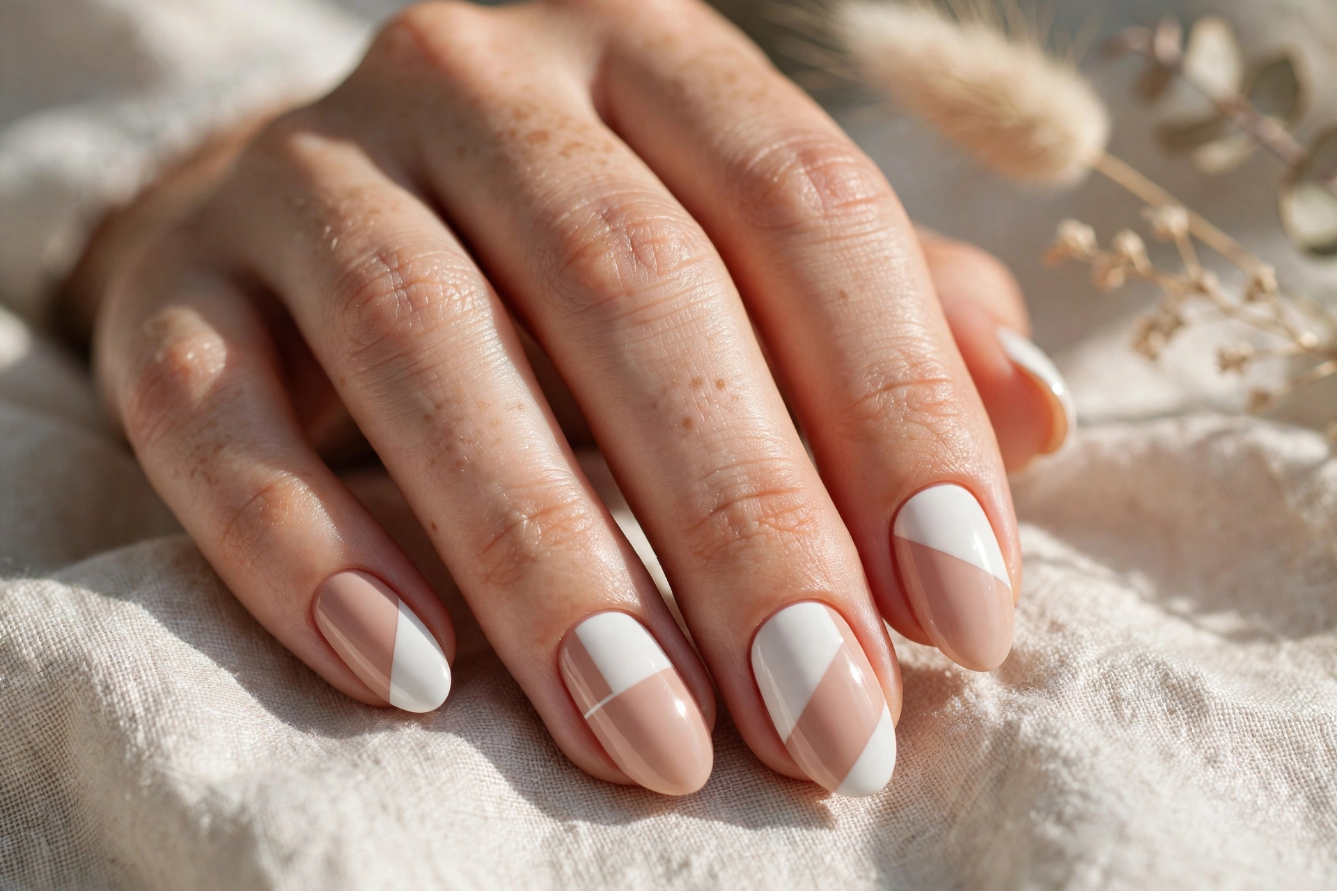 Minimalist nude nail designs with white colour block geometric tips