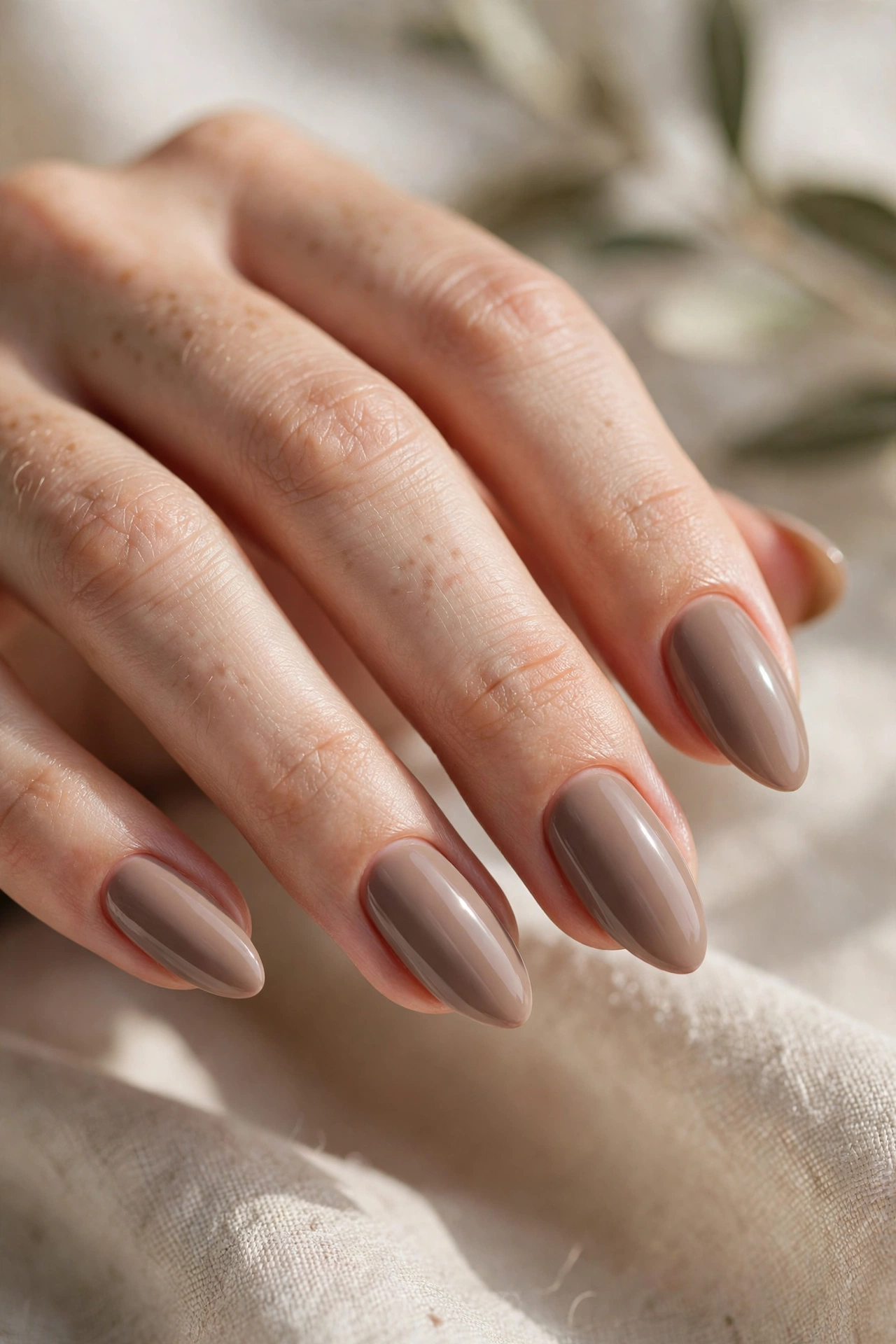 Taupe nude almond nail designs on elegant almond shaped nails glossy