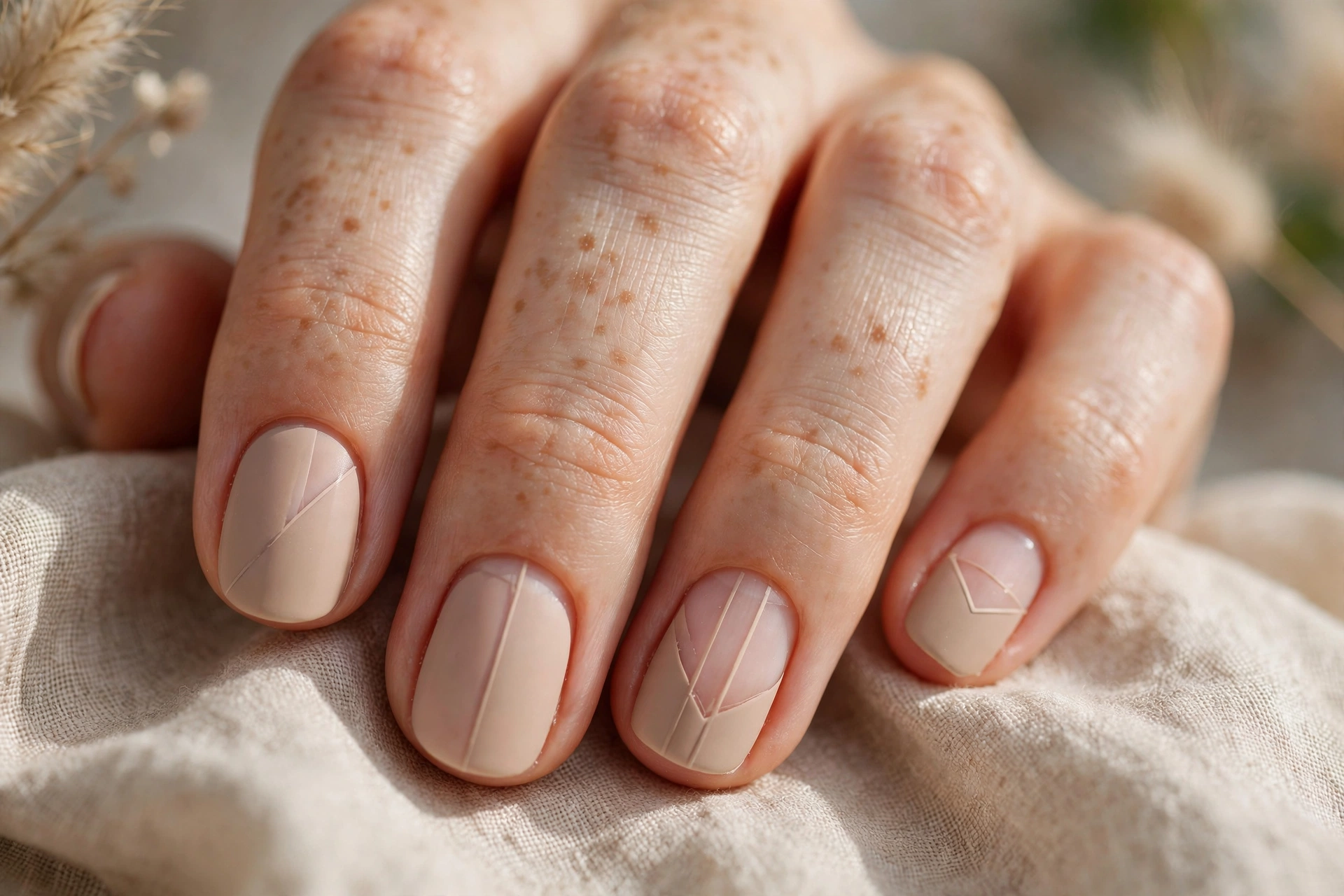Nude negative space nail designs with thin white line art details