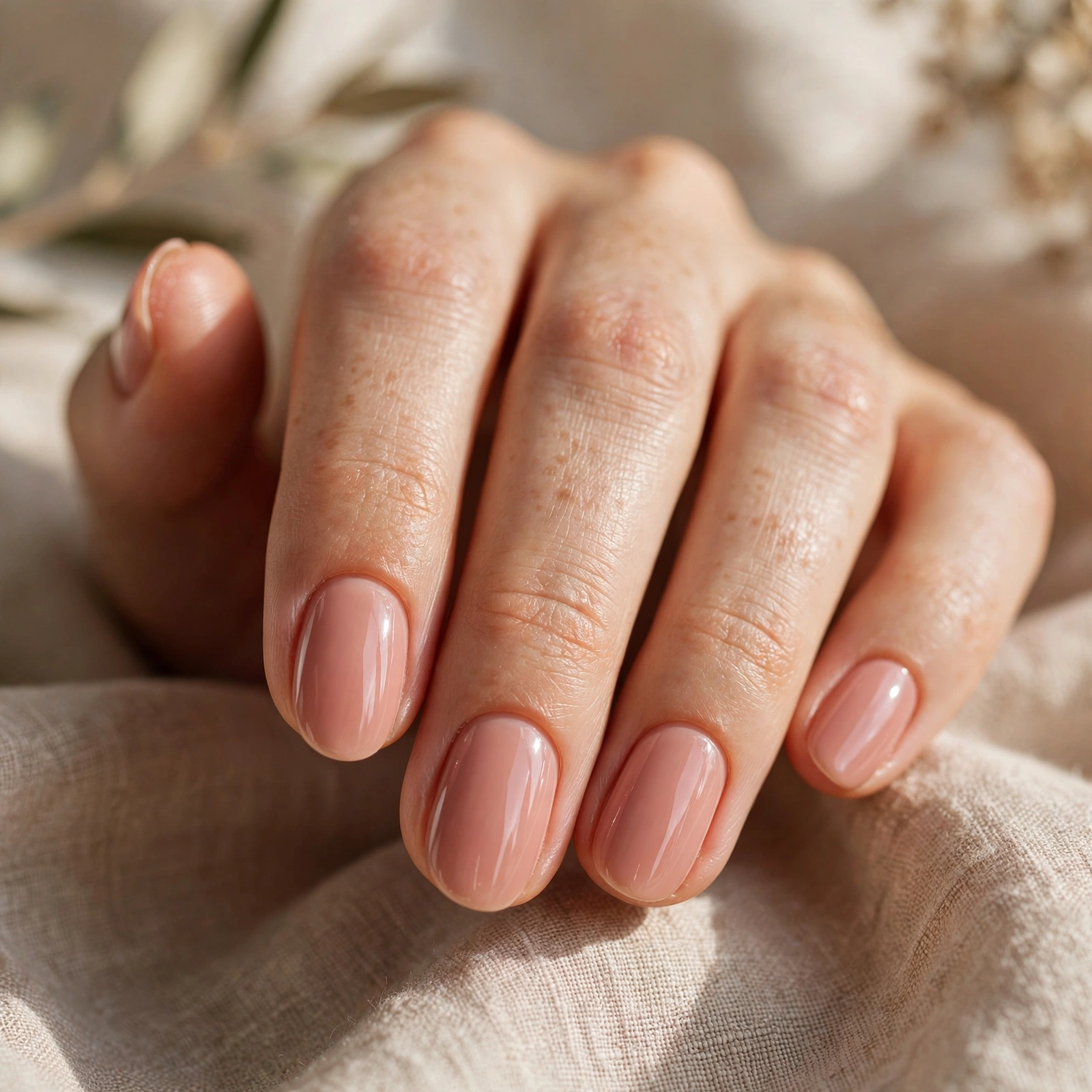 Blush nude glossy nail designs with pink undertones on short nails