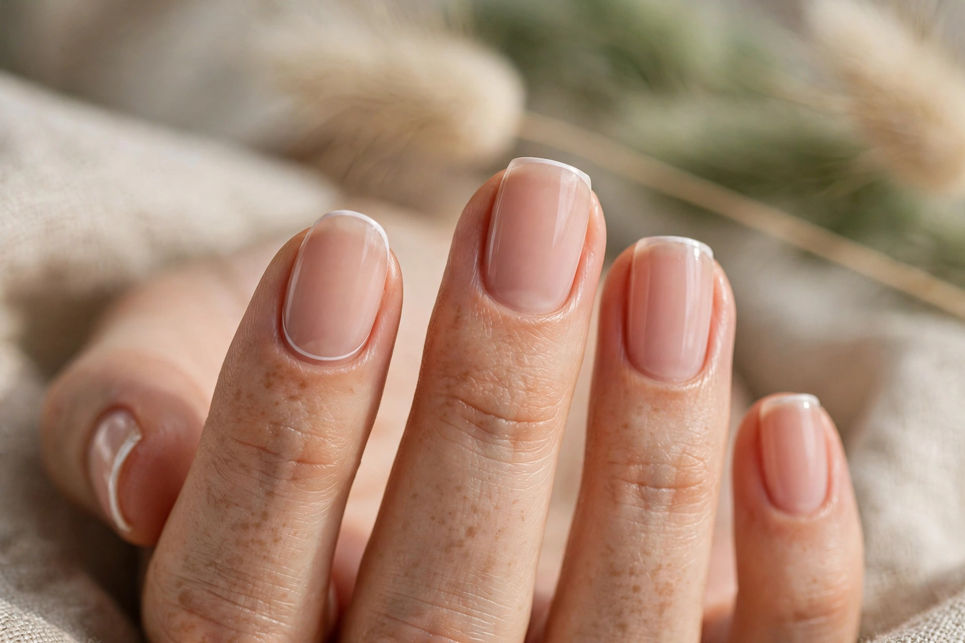Nude micro French tip nail designs with ultra thin white tips