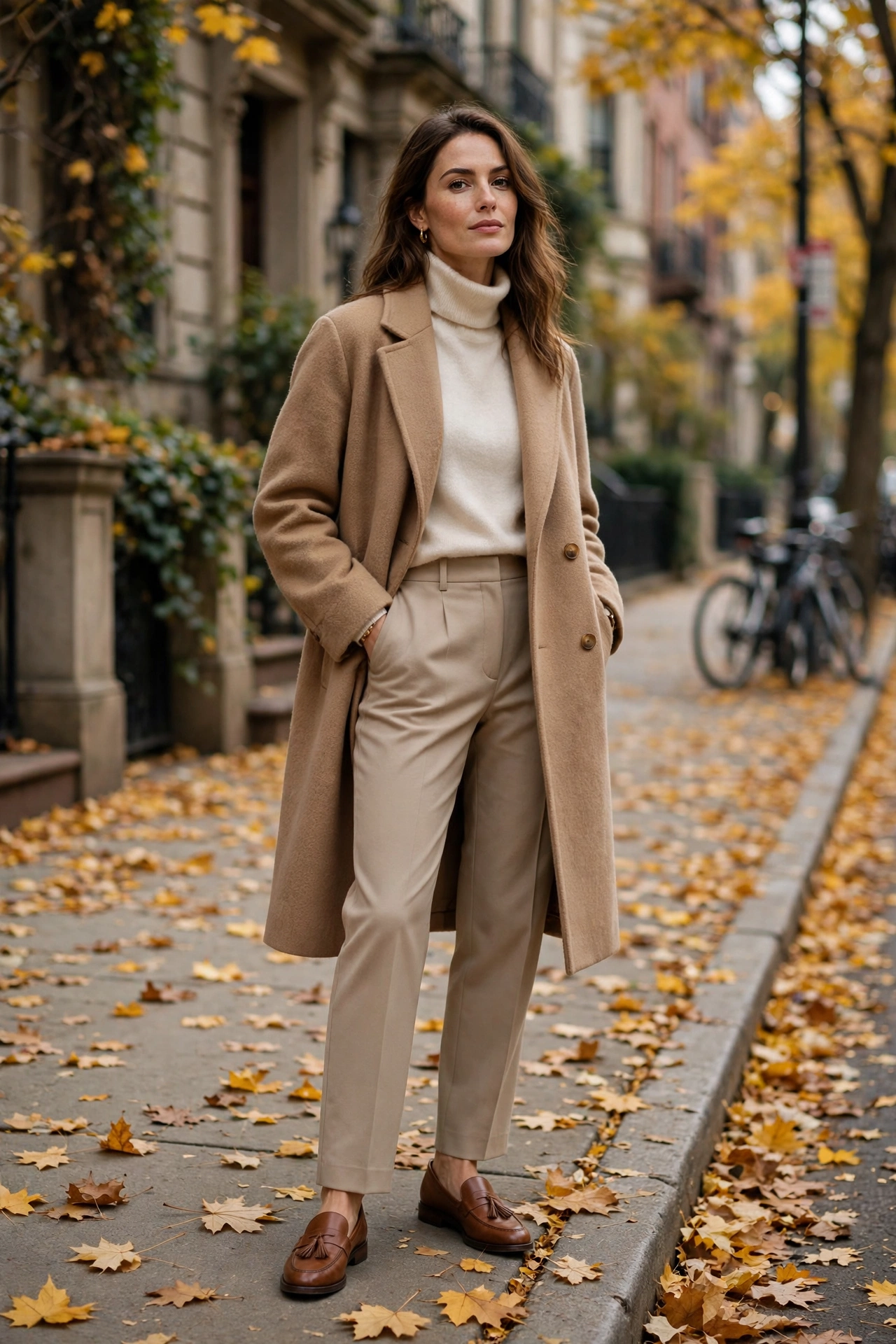 Woman in a camel blazer over cream cashmere sweater with tailored trousers and loafers