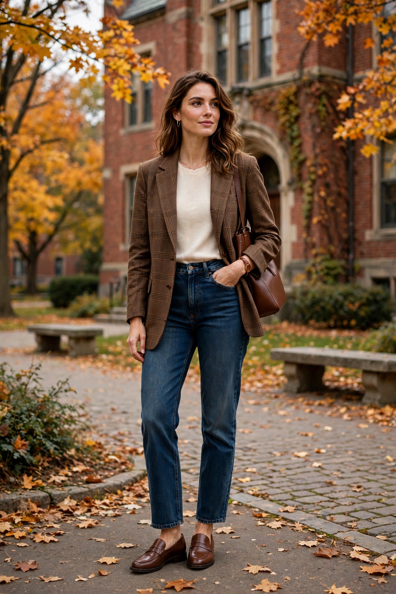 Woman wearing a tweed jacket with a pleated midi skirt and knee-high boots