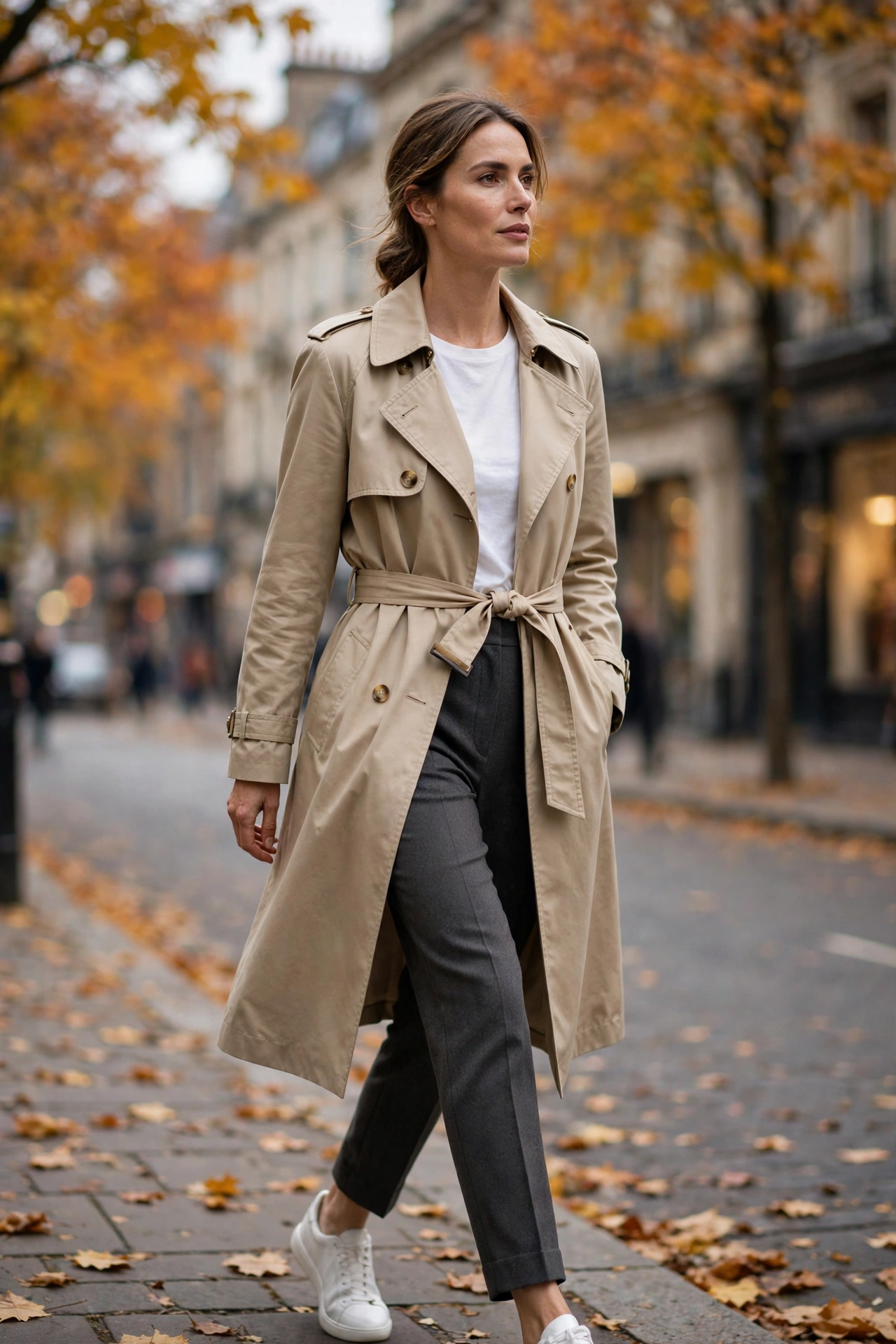 Woman in a herringbone wool coat over a black turtleneck dress with boots
