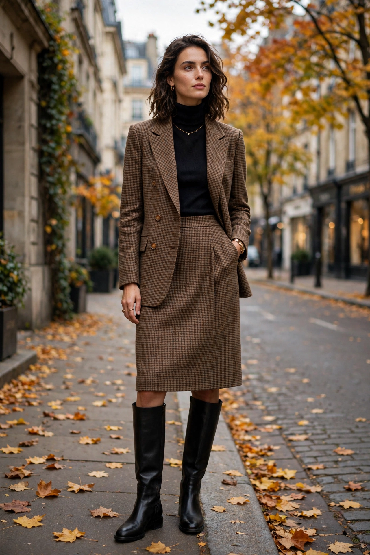 Woman wearing an argyle sweater vest over a white shirt with tailored trousers