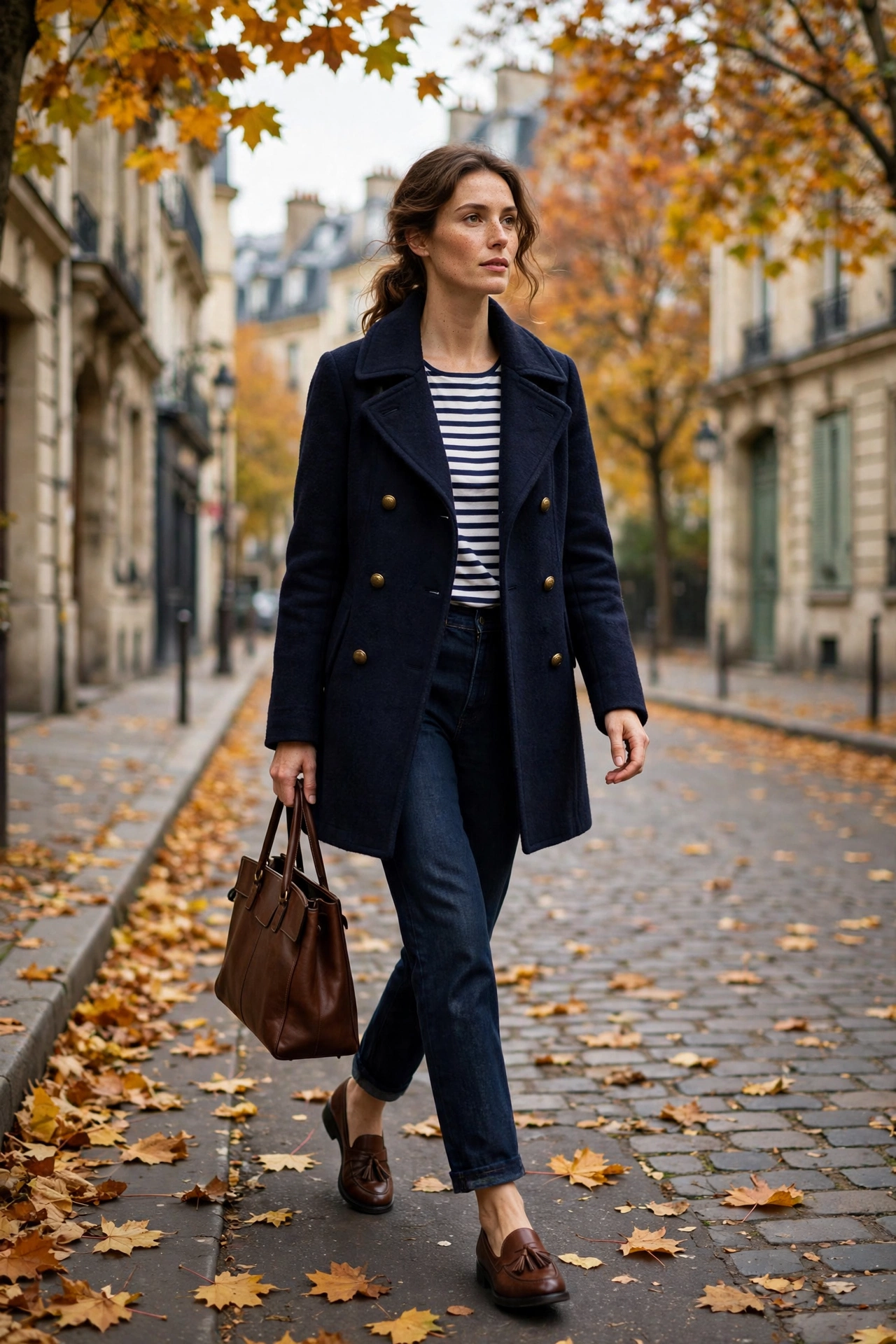 Woman in a double-breasted navy blazer with dark jeans and ballet flats