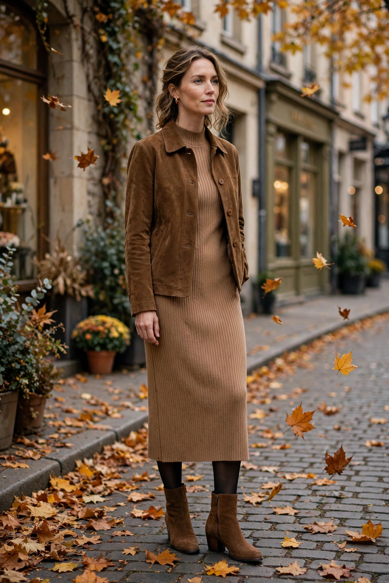 Woman in a burgundy turtleneck with camel wide-leg trousers and loafers