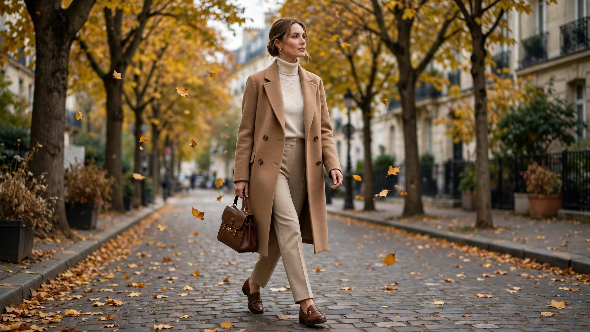 Elegant woman in old money fall outfit with tailored blazer and pleated trousers in autumn