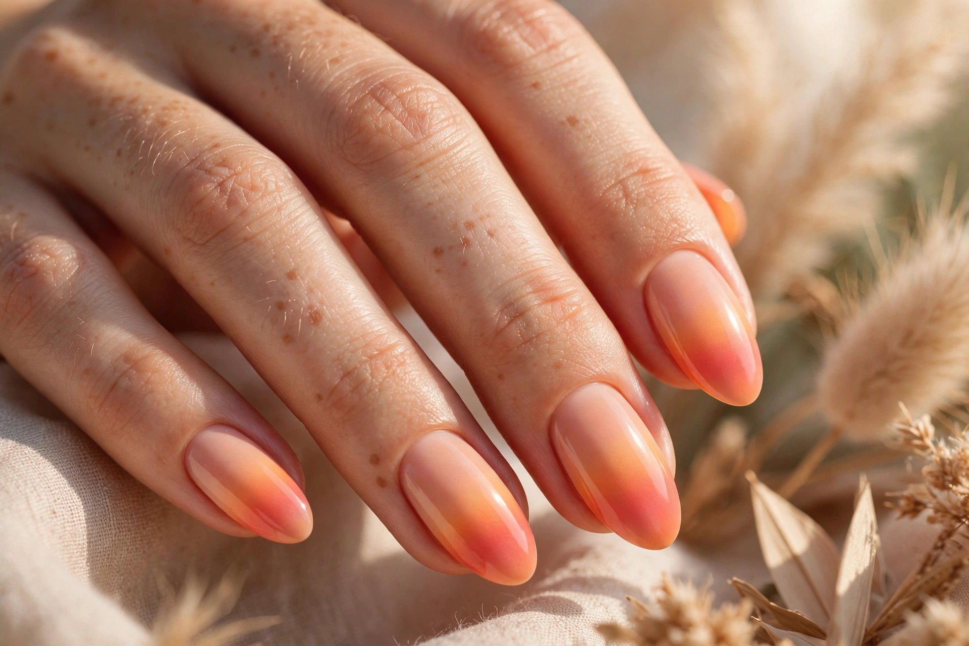Peach and coral sunrise ombre nail designs warm gradient