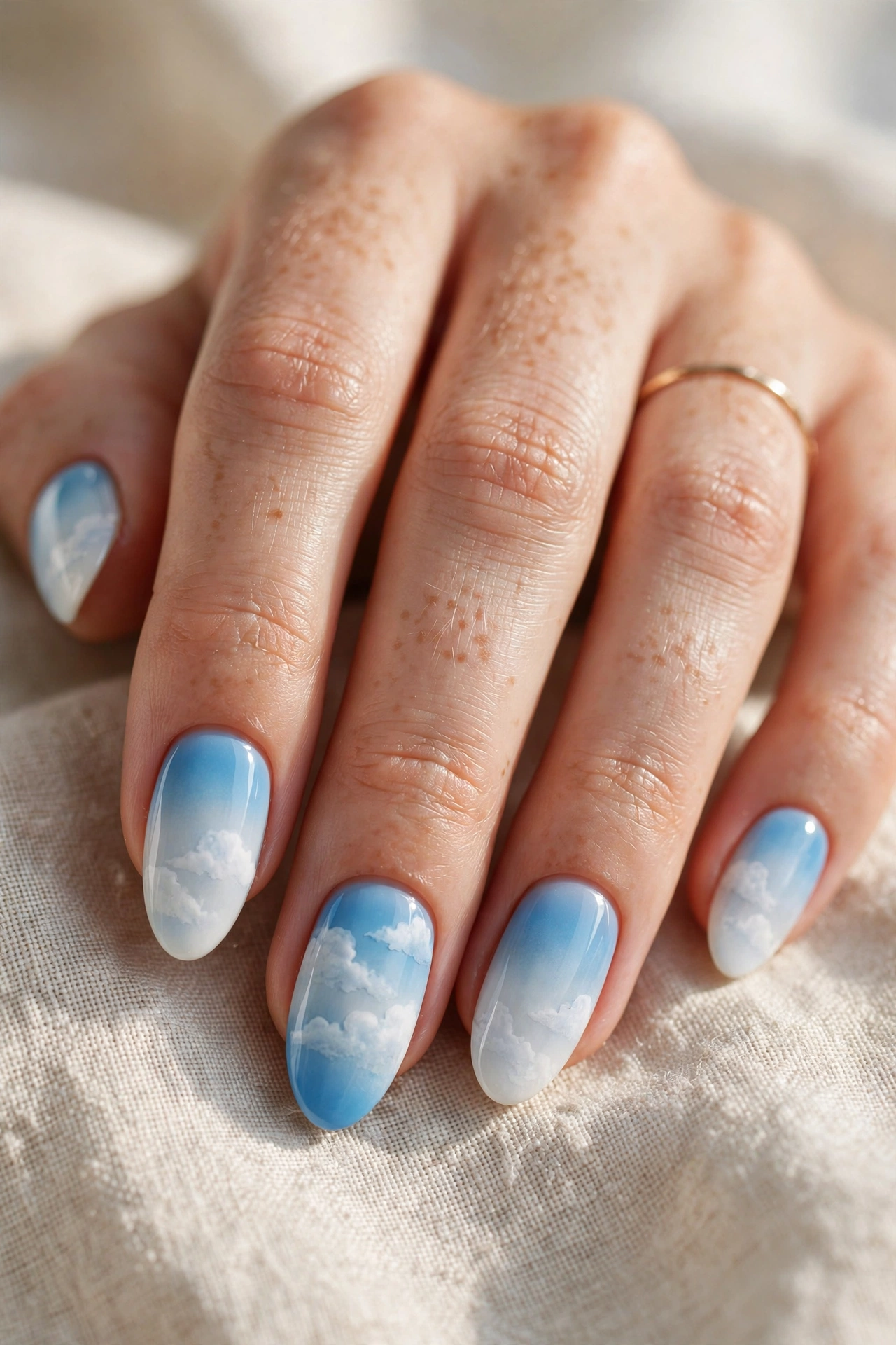 Sky blue to white ombre nail designs cloud gradient fade