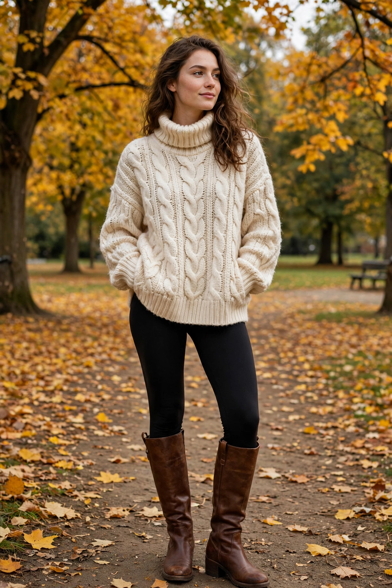 Woman in an oversized cream chunky knit sweater with black leggings and ankle boots