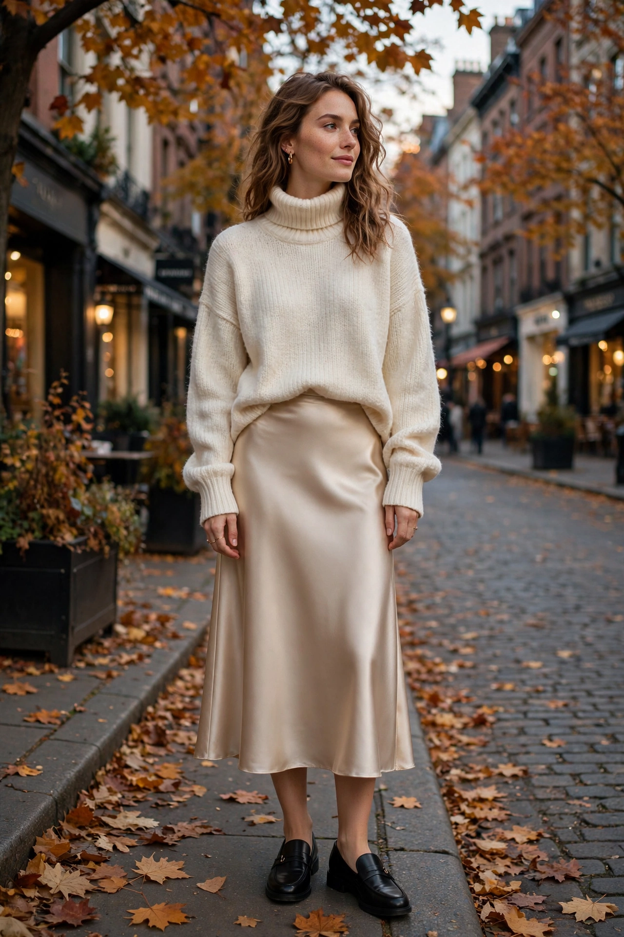Woman wearing an oversized turtleneck sweater with dark skinny jeans and knee-high boots
