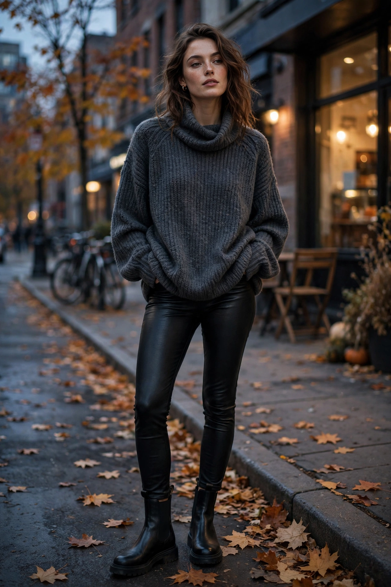 Woman in a slouchy oversized cardigan worn as a top with jeans and loafers