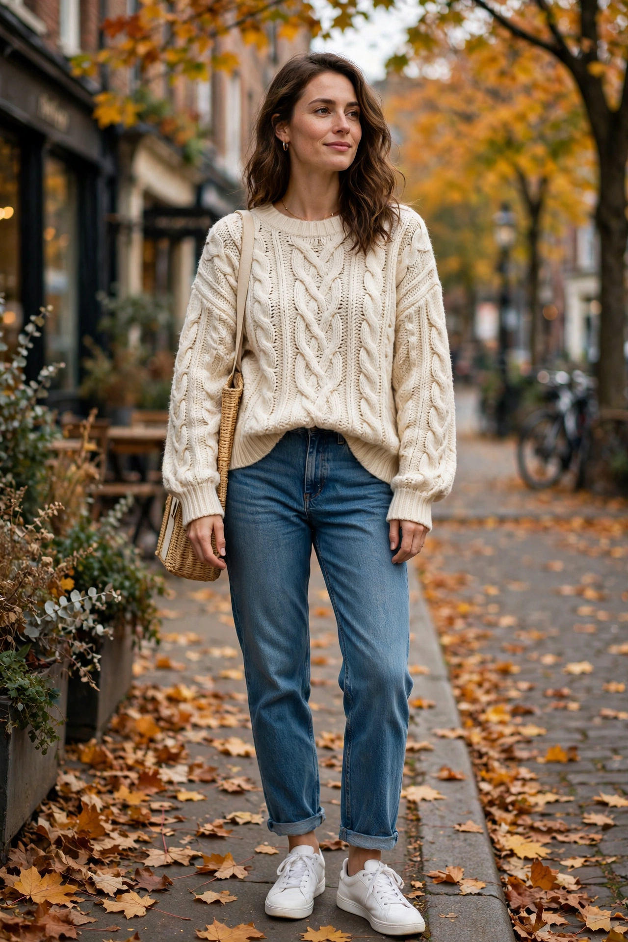 Woman wearing an oversized gray sweater with a red plaid mini skirt, tights and boots