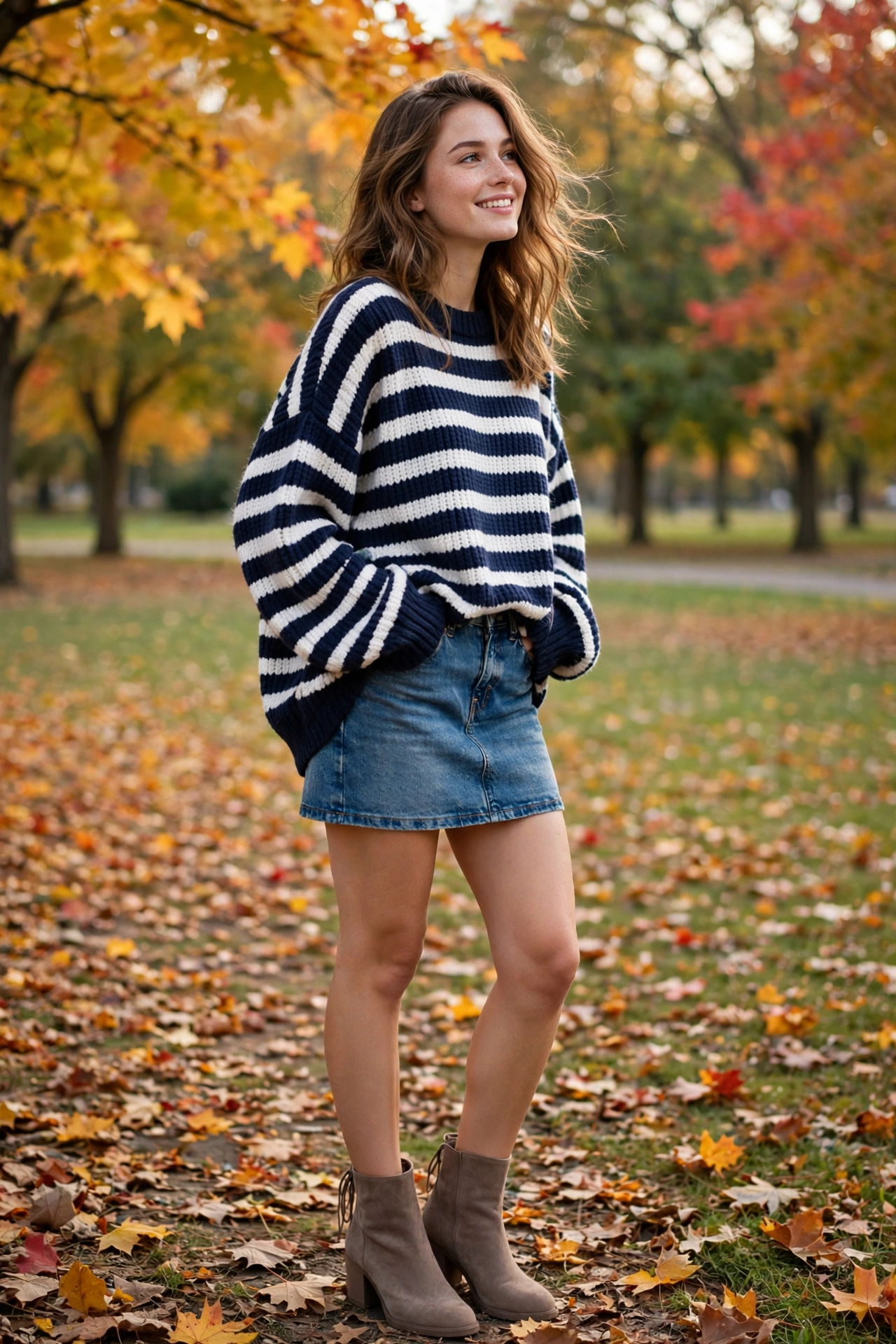 Woman in a chunky rust knit sweater with black faux leather leggings and ankle boots