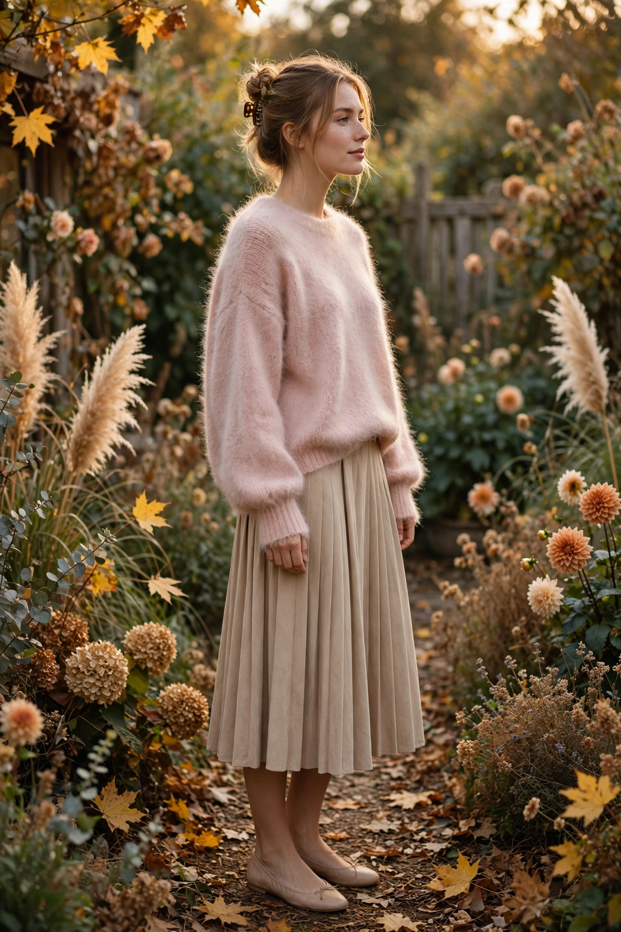 Woman wearing an oversized mock neck sweater with wide-leg jeans and sneakers