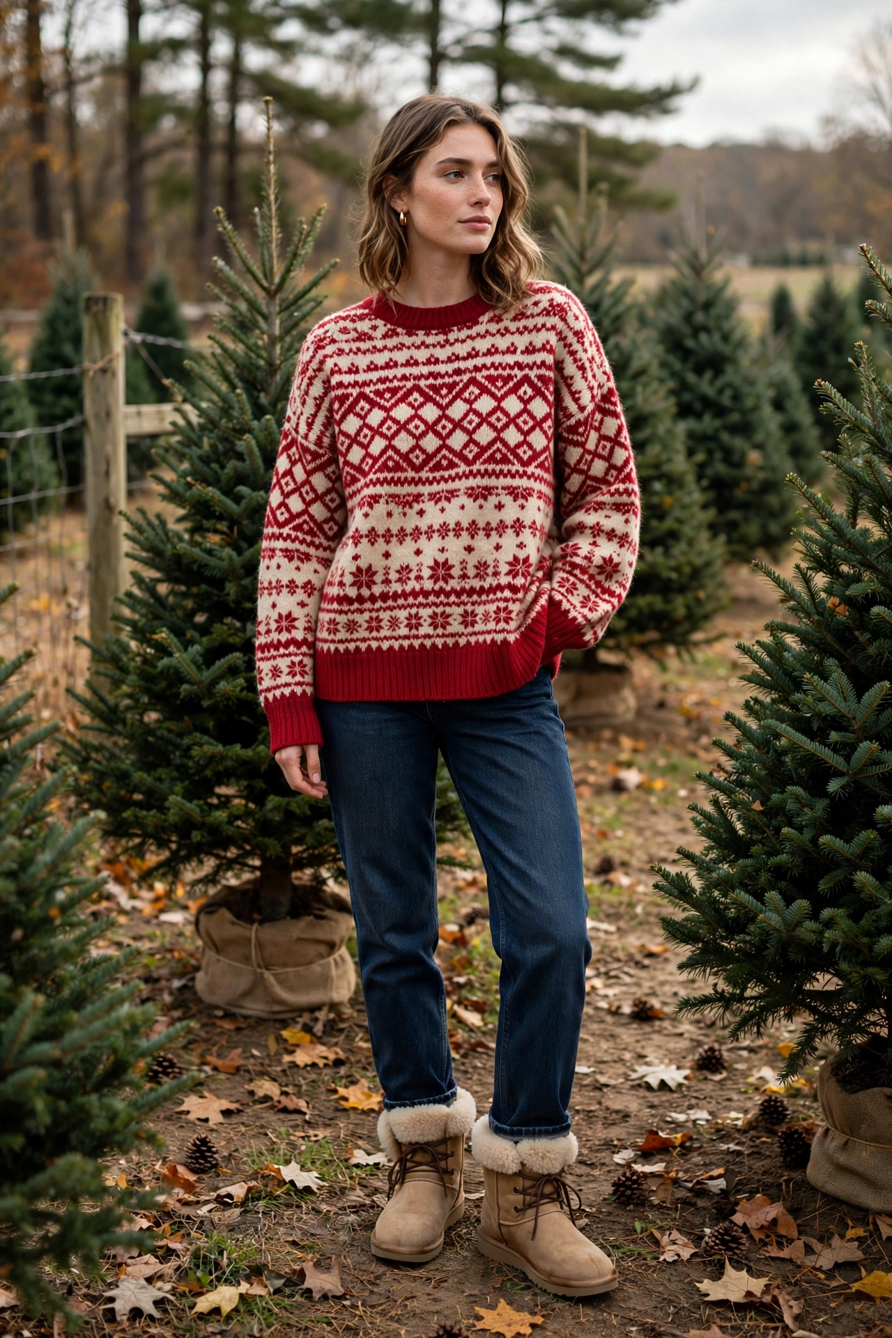 Woman in a cable-knit tunic sweater with tall brown boots and a blanket scarf