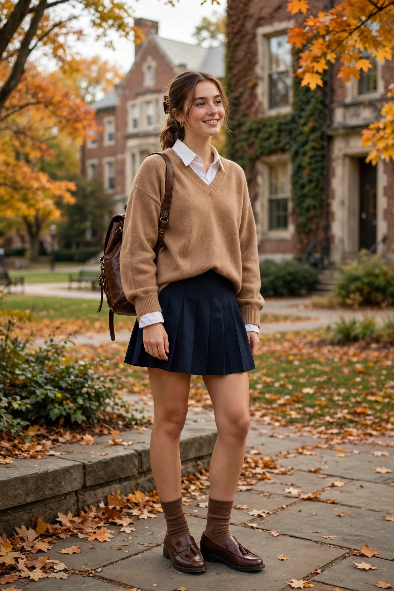Woman wearing a striped oversized sweater with white jeans and tan boots