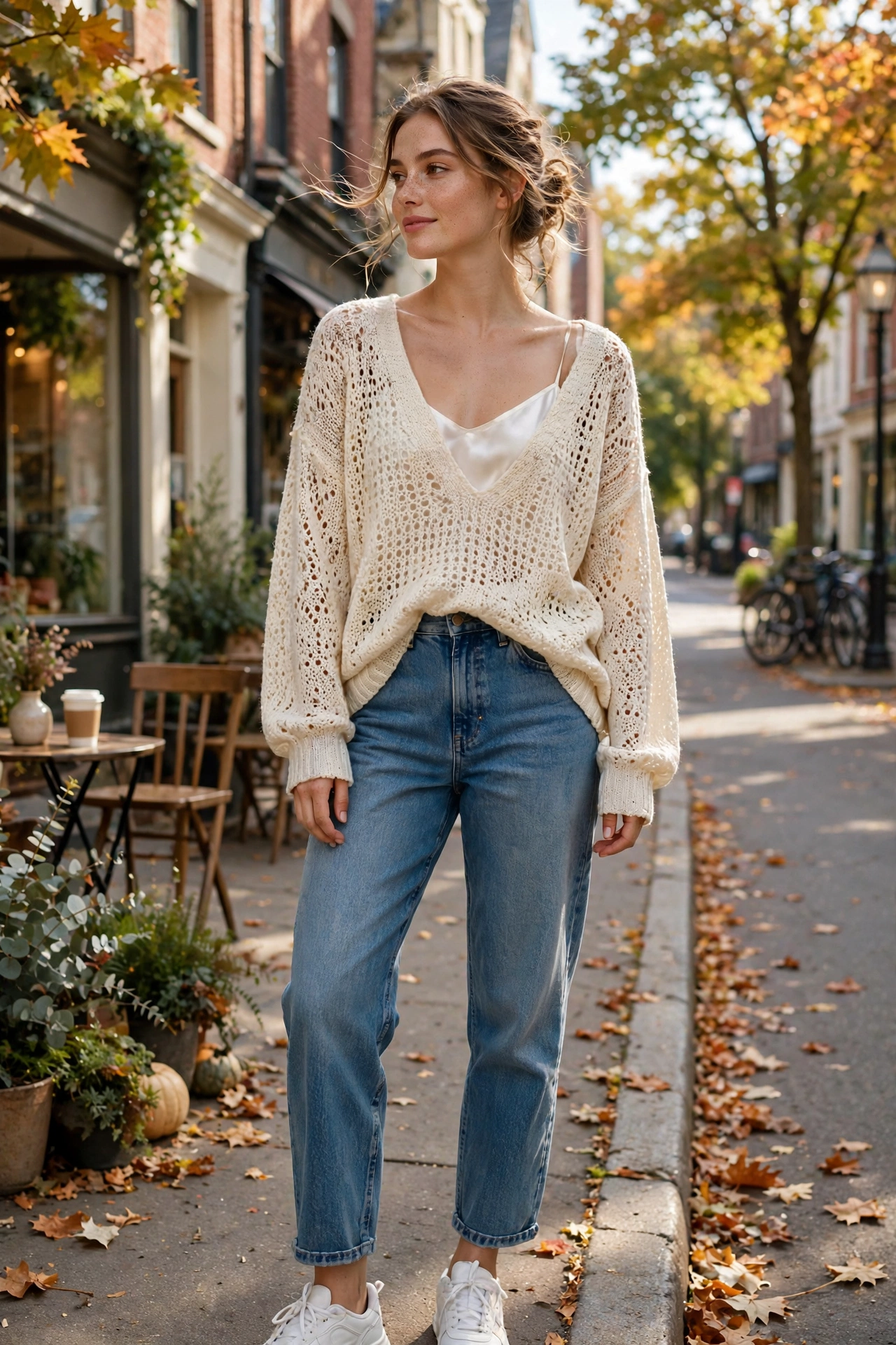 Woman wearing a color-block oversized sweater with black jeans and white sneakers