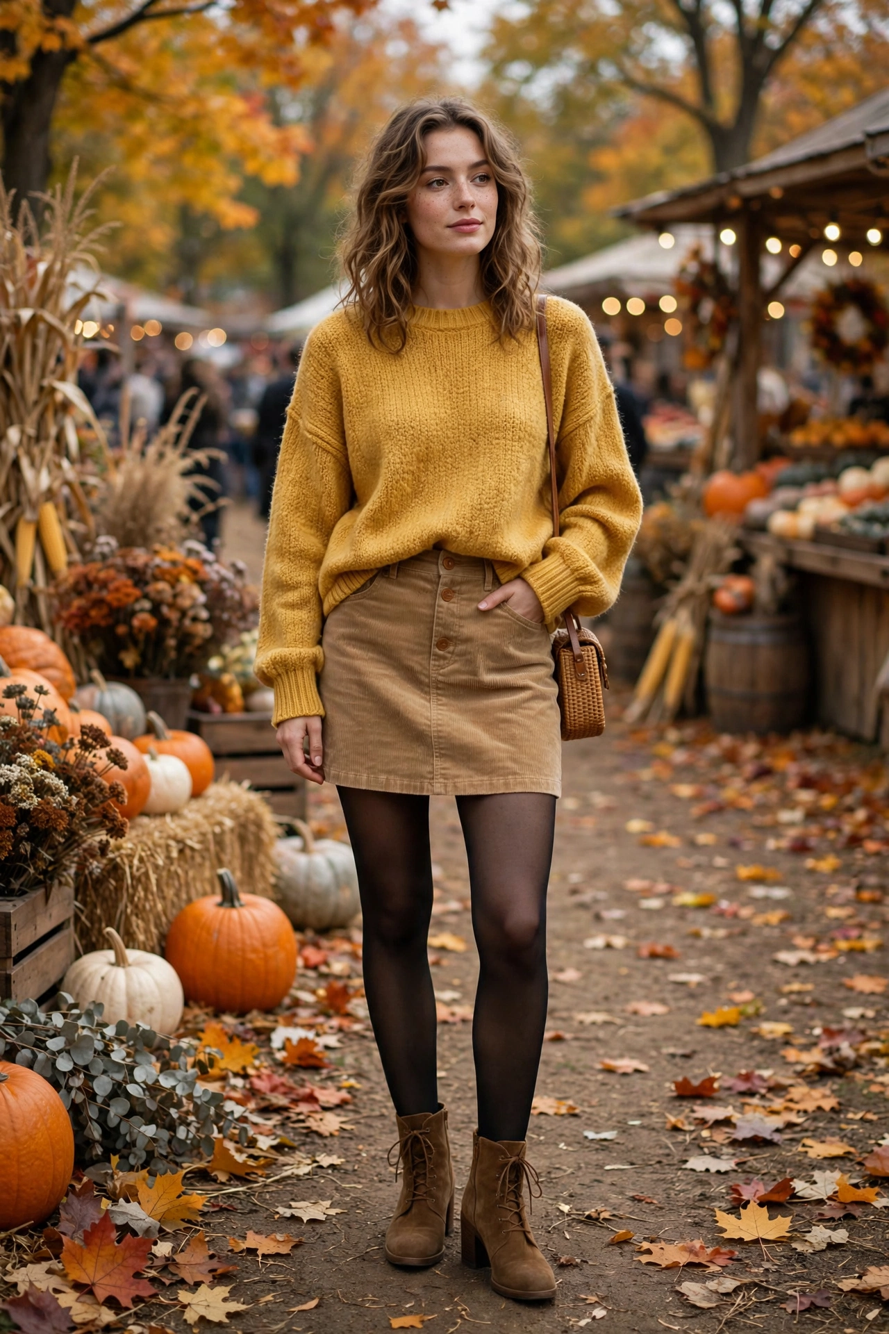 Woman wearing a belted oversized sweater with a pleated midi skirt and ankle boots