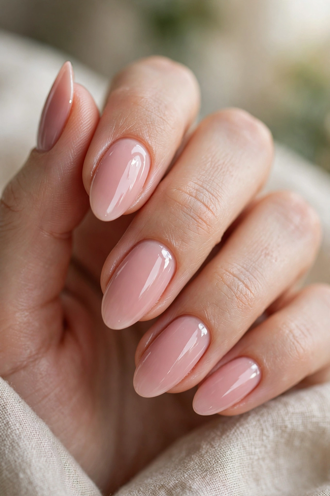 Soft blush pink nail designs on elegant almond shaped nails with glossy finish
