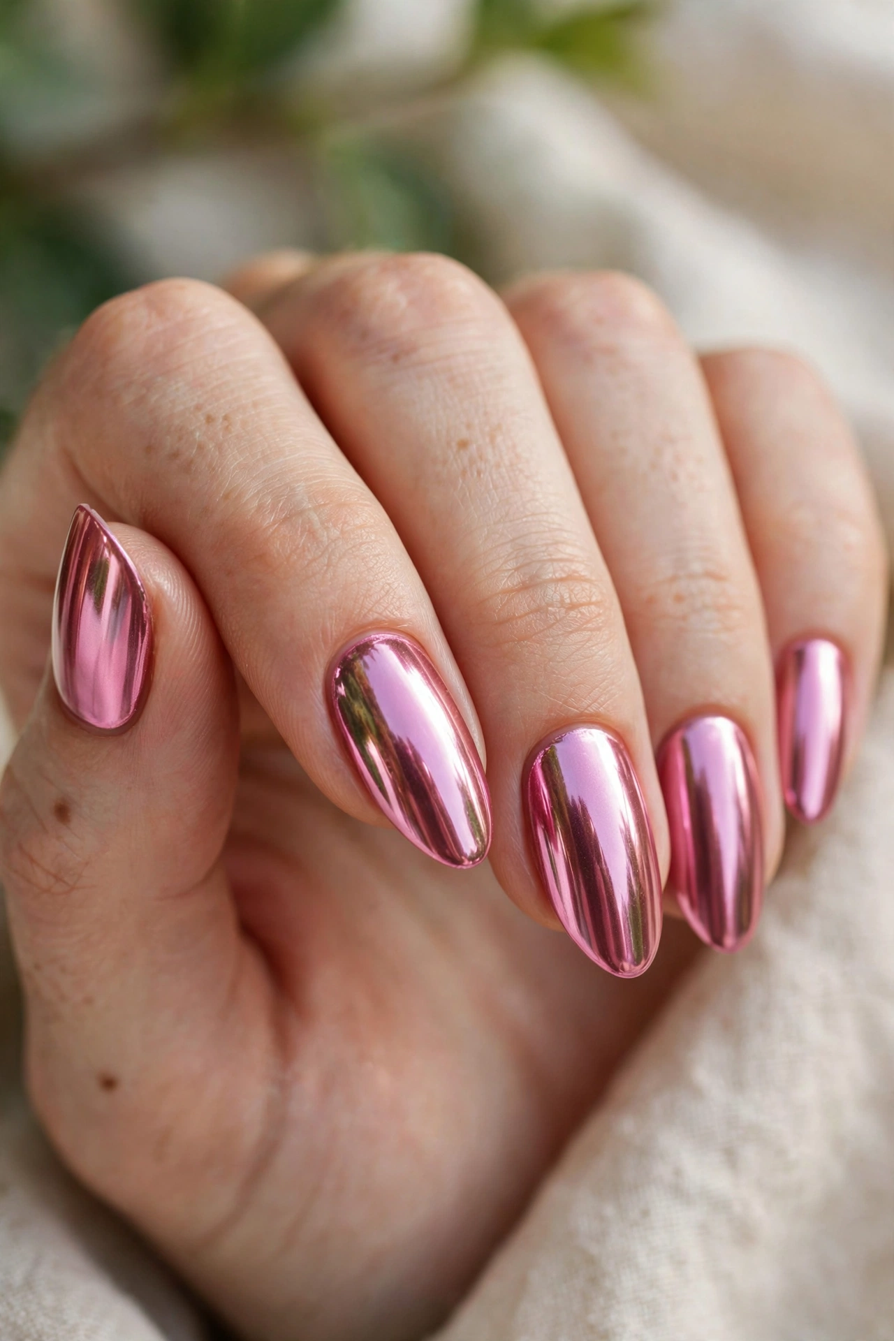 Pink chrome nail designs with a mirror shine finish reflecting light on long nails