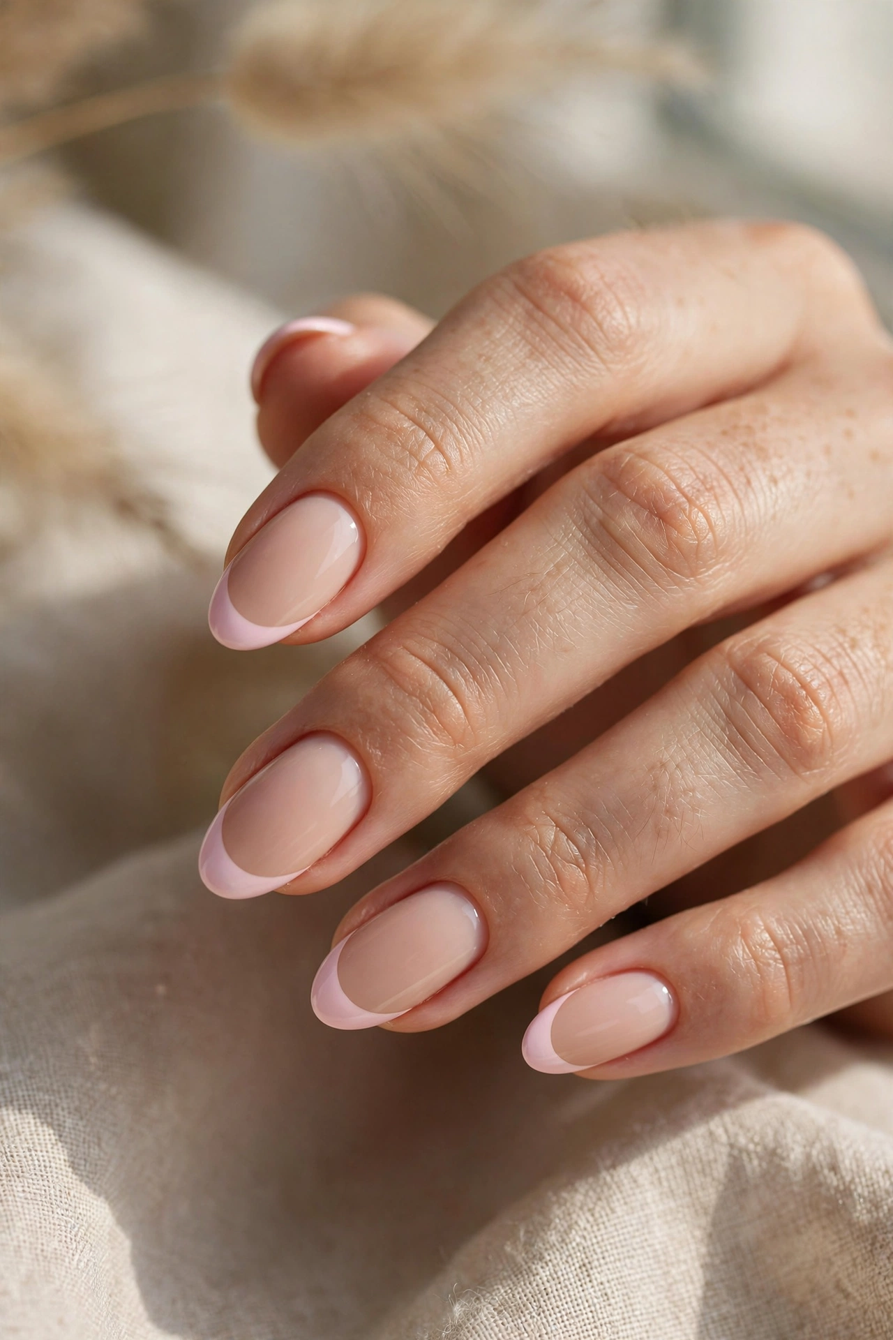 Baby pink french tip nail designs on a classic manicure with white and pink tips