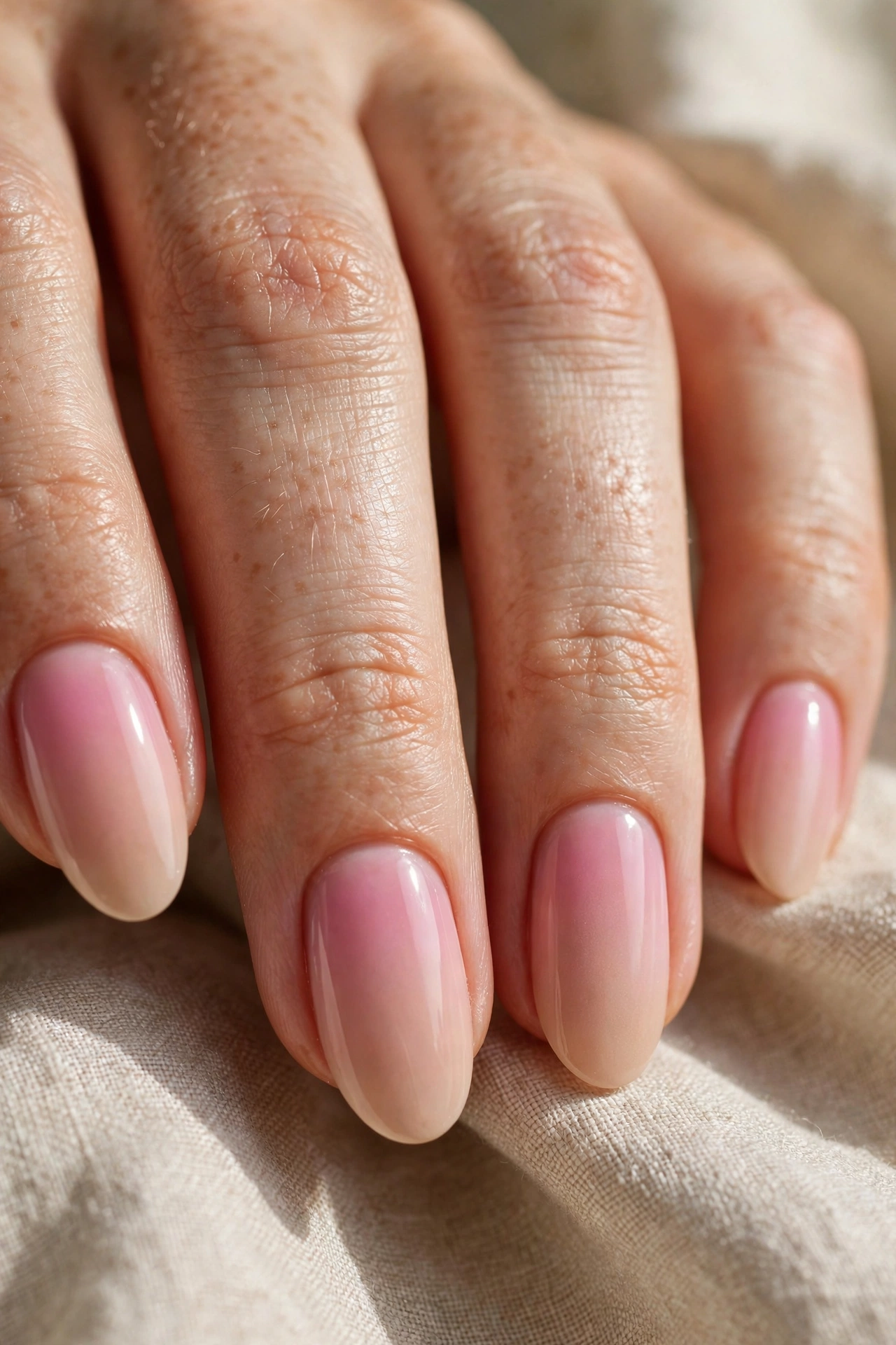 Pink ombre nail designs with a soft gradient fade from nude to blush pink