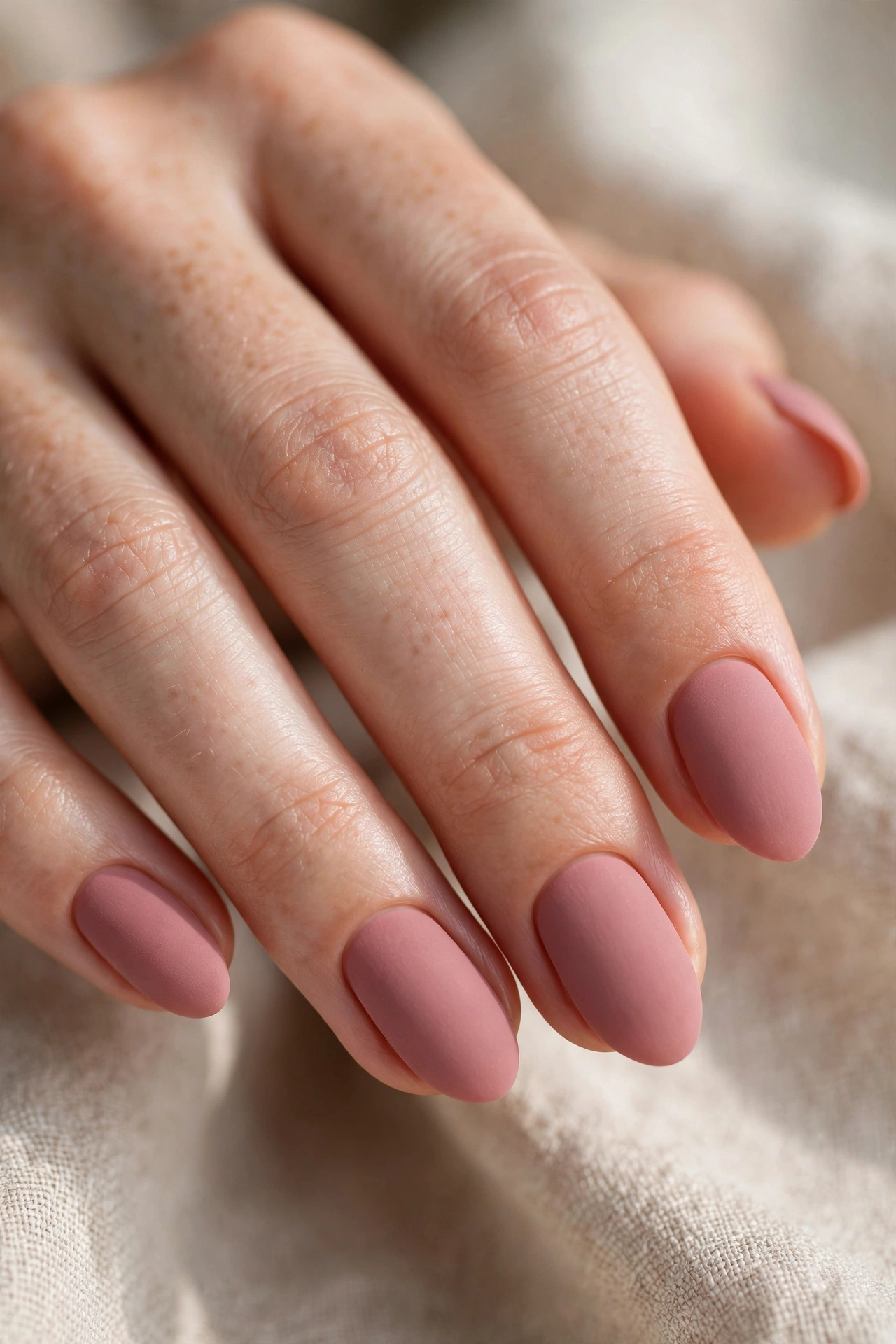 Matte dusty rose pink nail designs with a velvety finish on short nails
