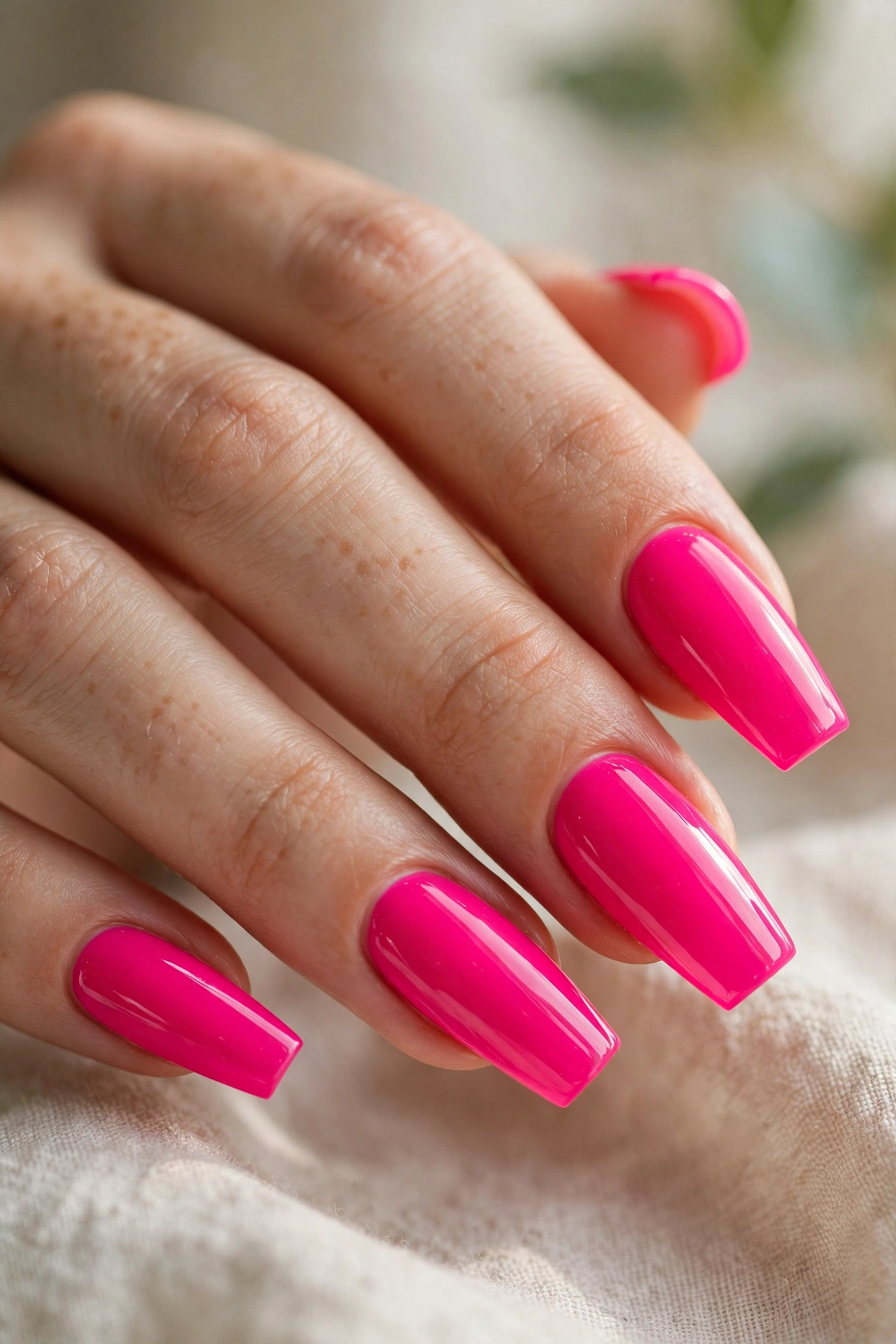 Bold hot pink nail designs on long coffin shaped nails with high gloss