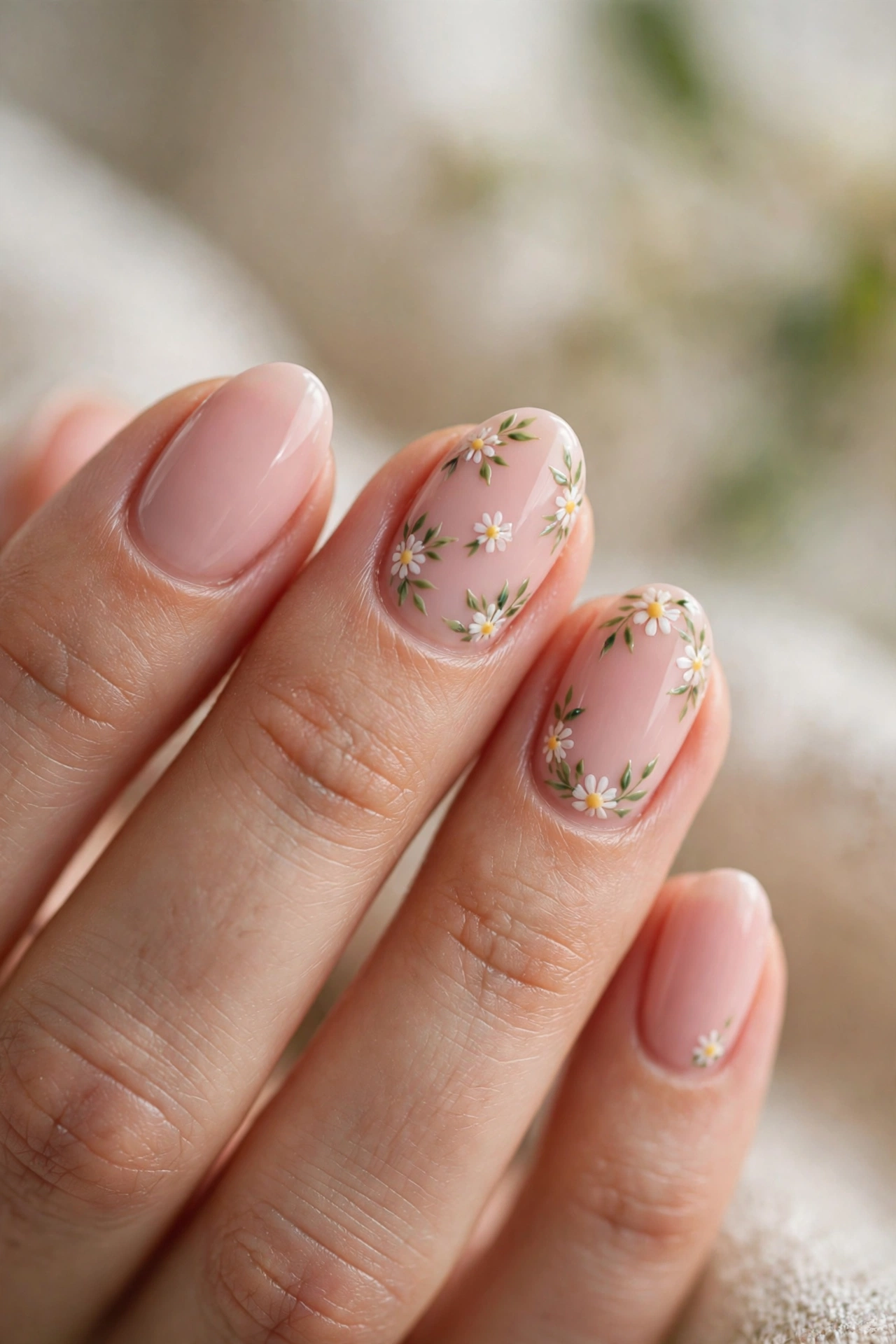 Pink floral nail designs with hand painted blossom accents on a nude base