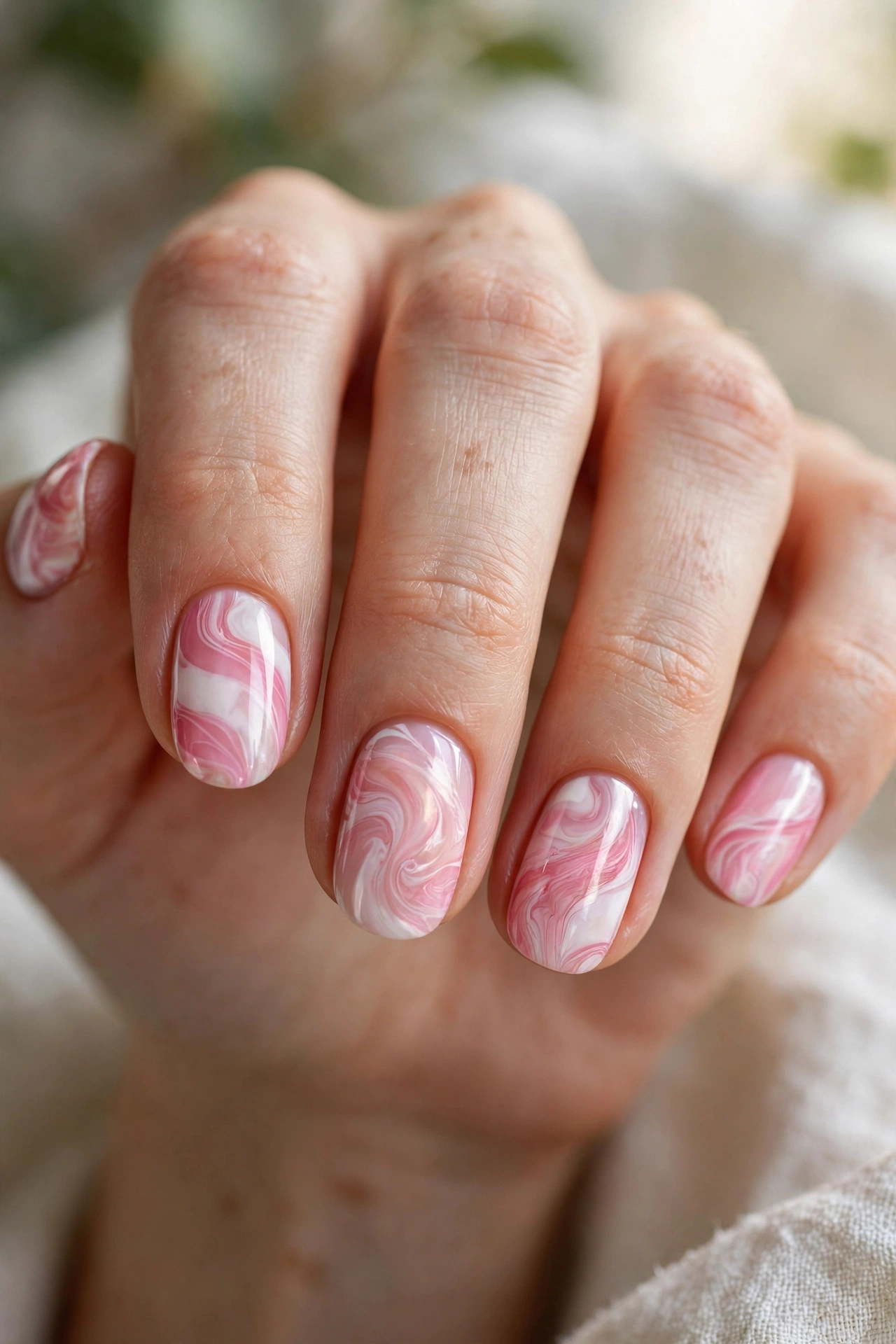 Pink and white swirl nail designs with retro wavy line art on glossy nails