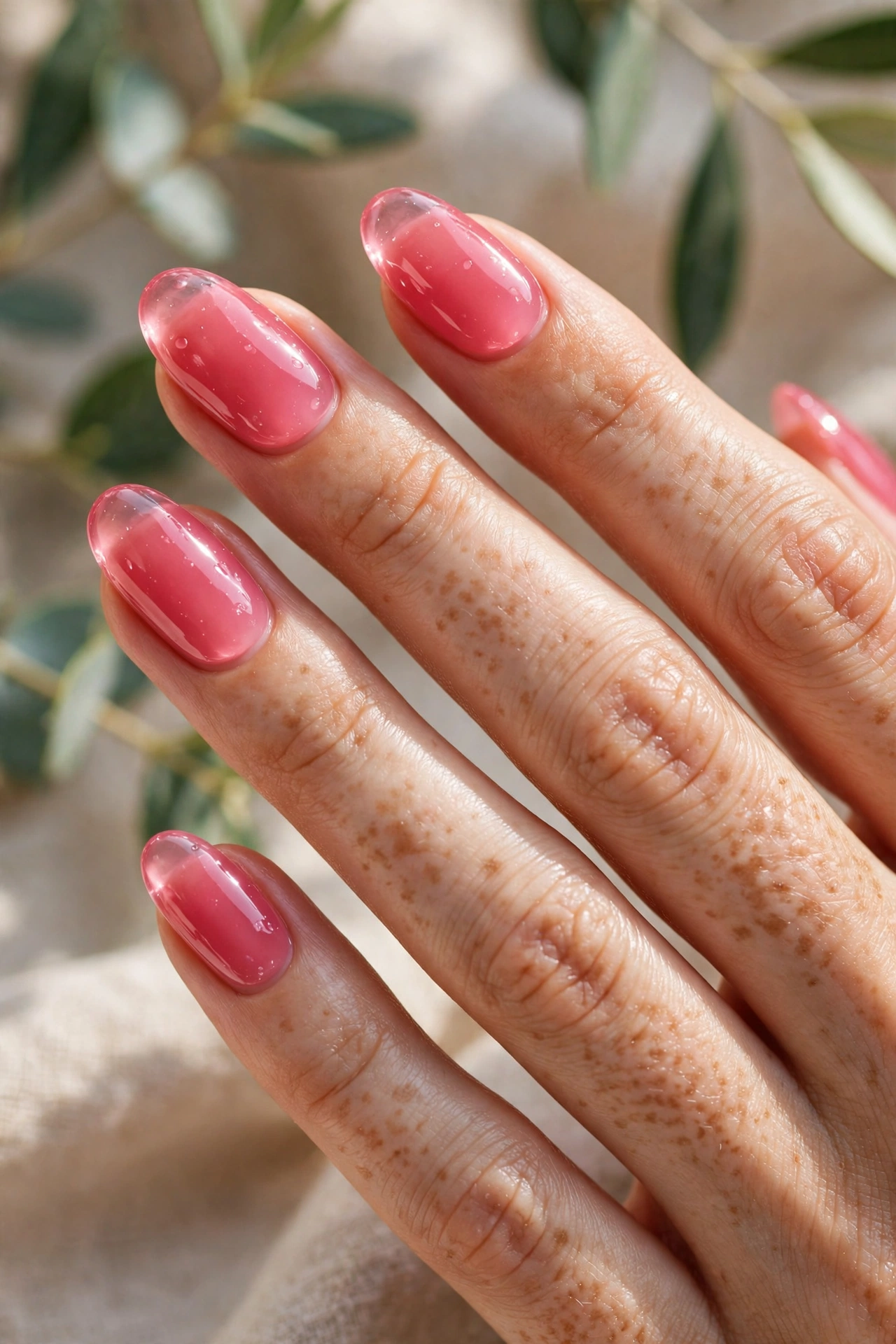 Cherry pink jelly nail designs with translucent glossy candy like finish