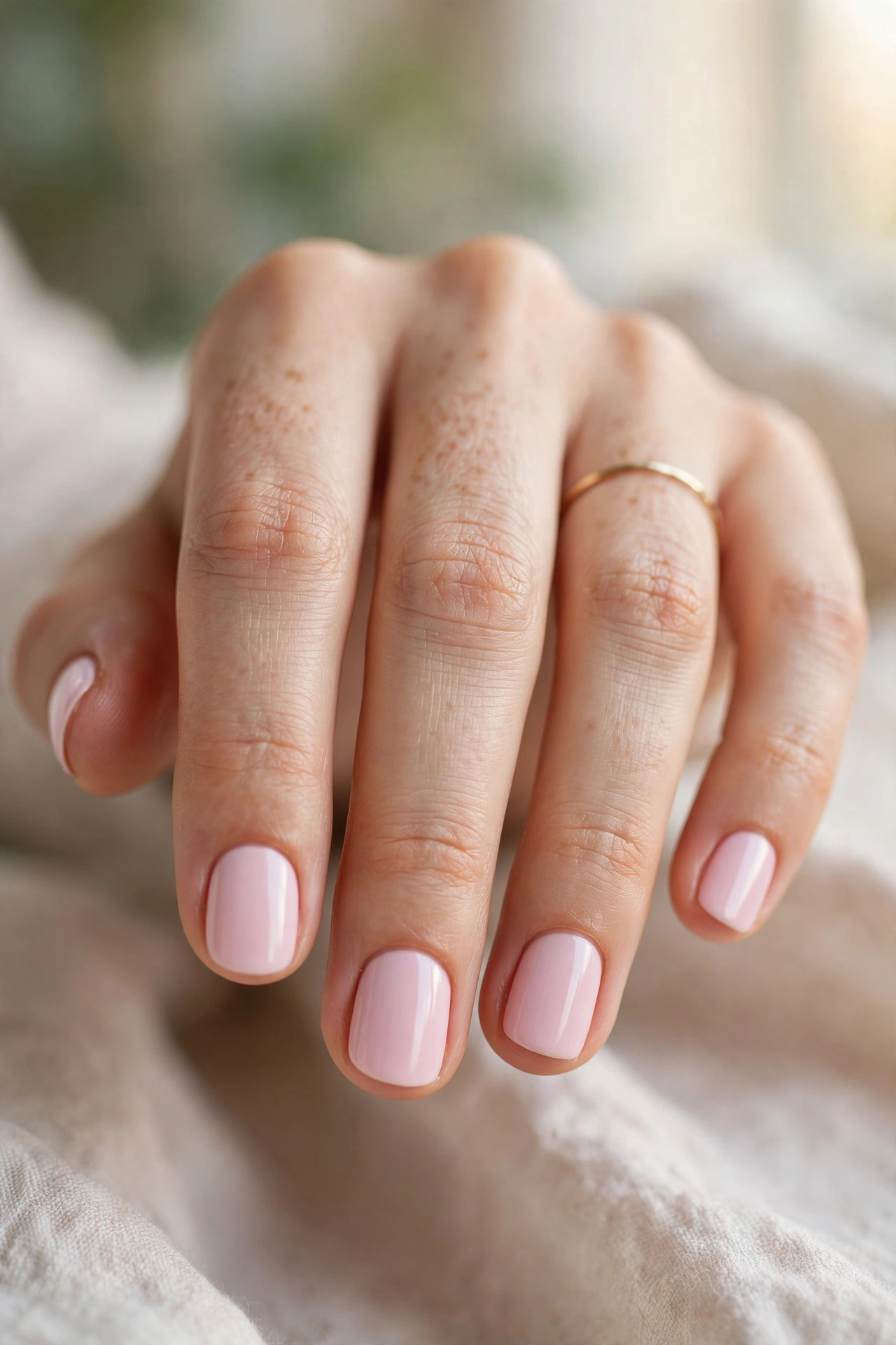 Pastel pink nail designs on short natural nails for a clean everyday look