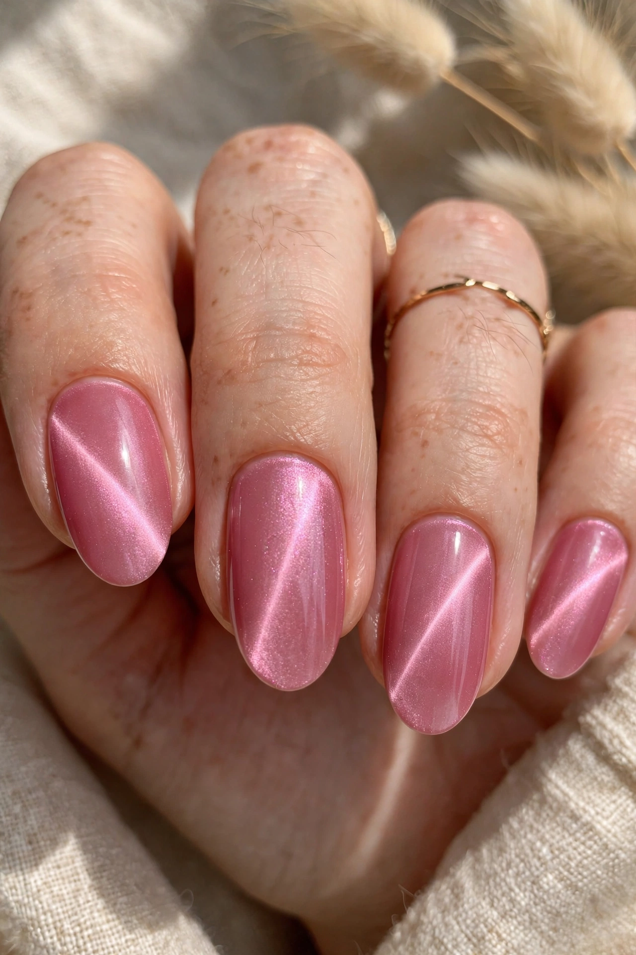 Pink cat eye nail designs with magnetic shimmer lines catching the light