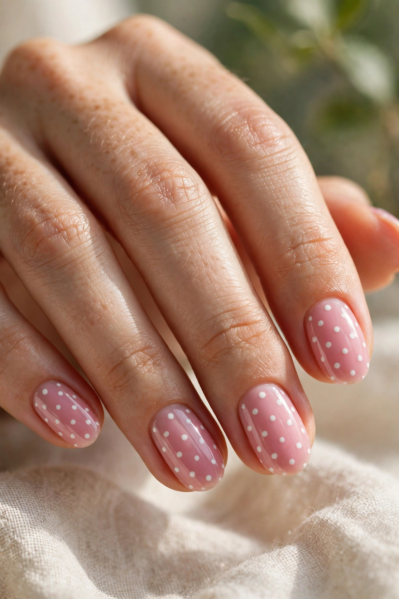 Cute polka dot pink nail designs with white dots on a blush pink base