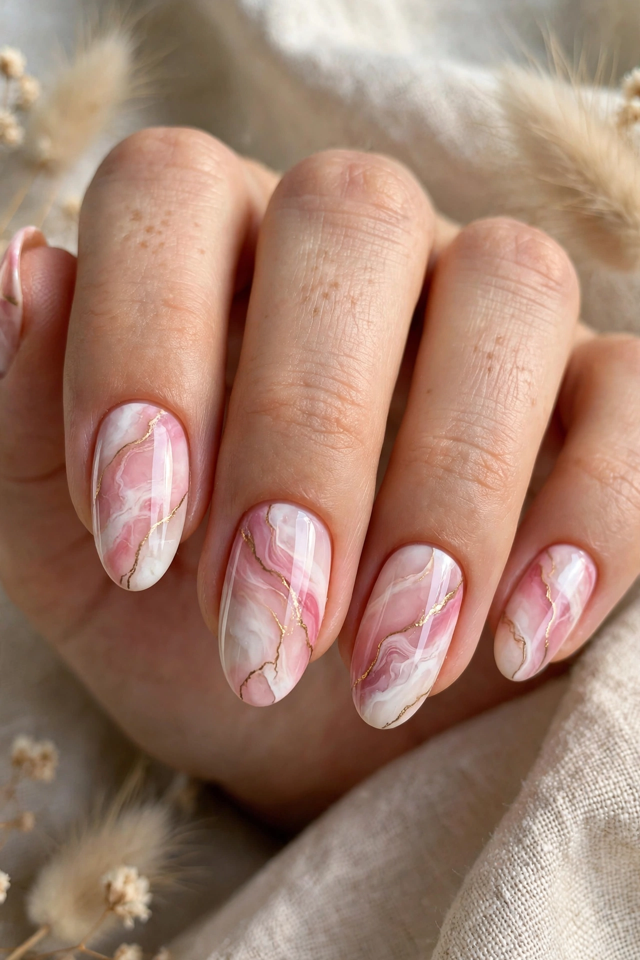 Elegant pink marble nail designs with white veining on a blush base