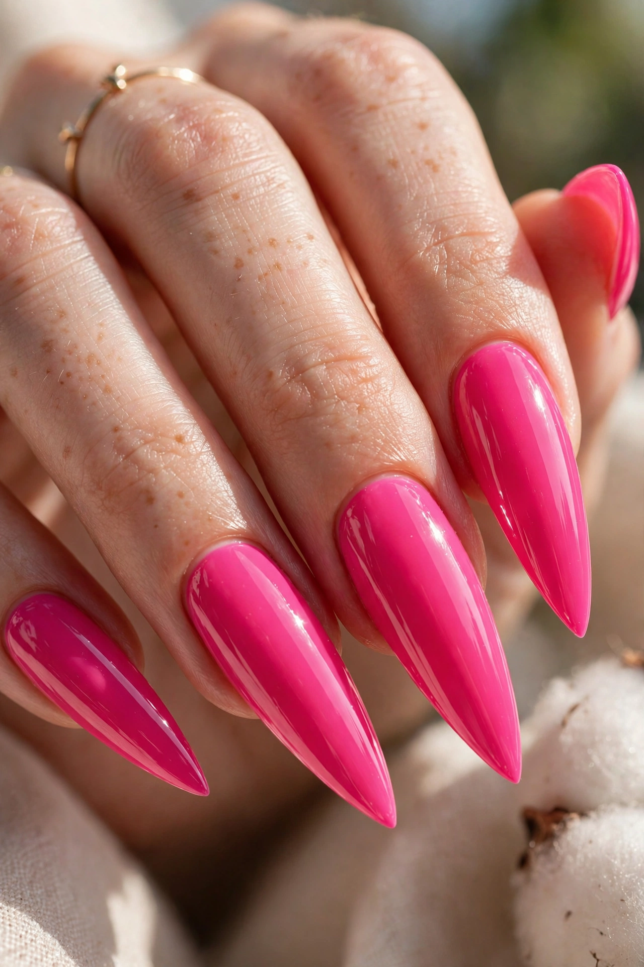 Barbie pink nail designs on dramatic long stiletto shaped nails