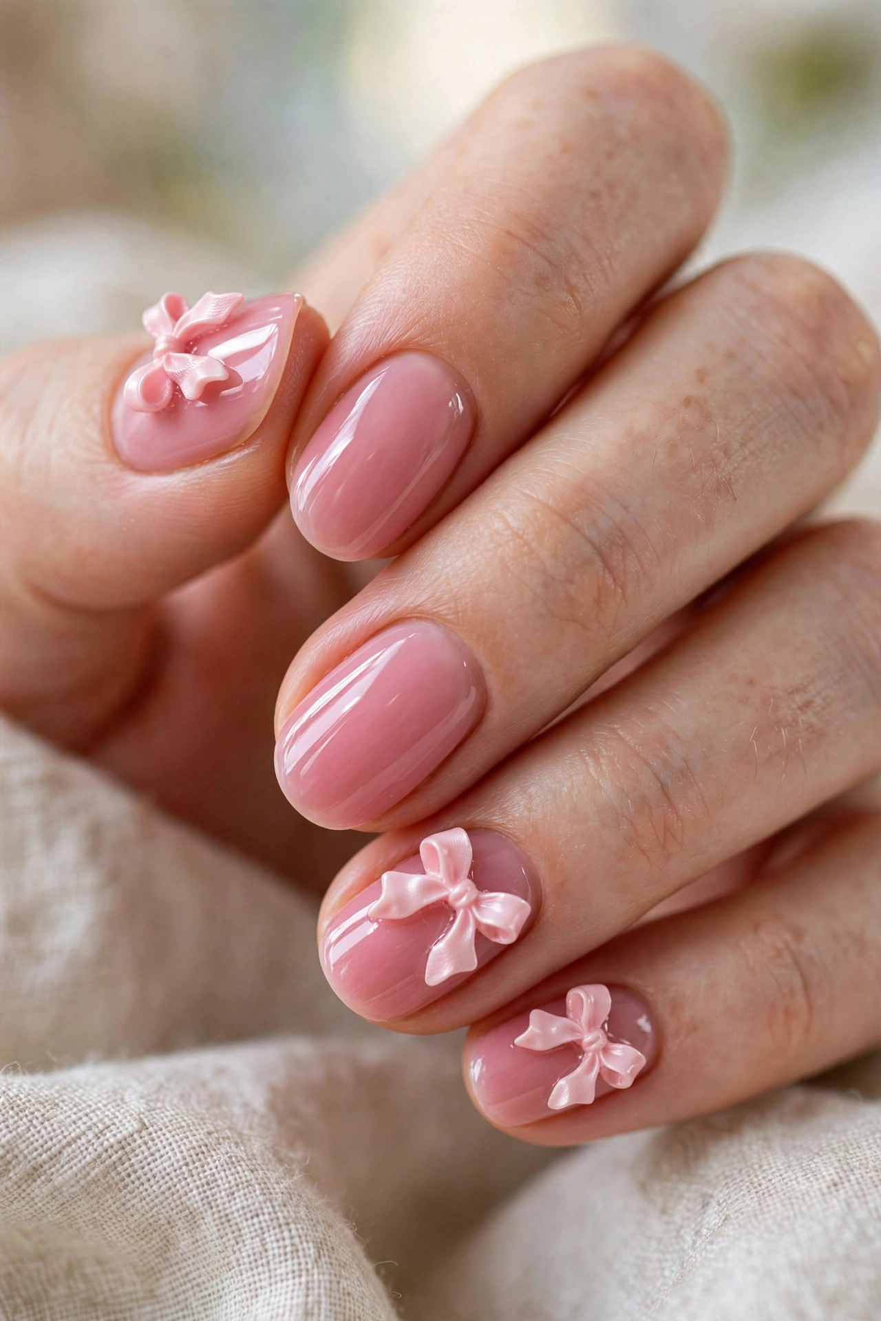 Pink coquette nail designs with tiny 3D bow accents and pearl details