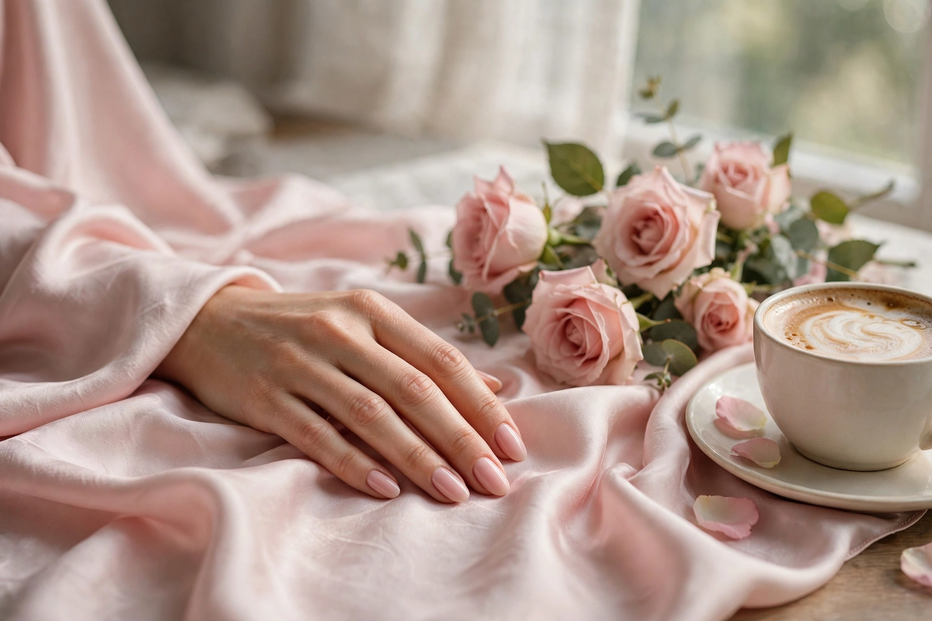 Cute pink nail designs in soft feminine shades arranged as flat lay inspiration for a blush manicure