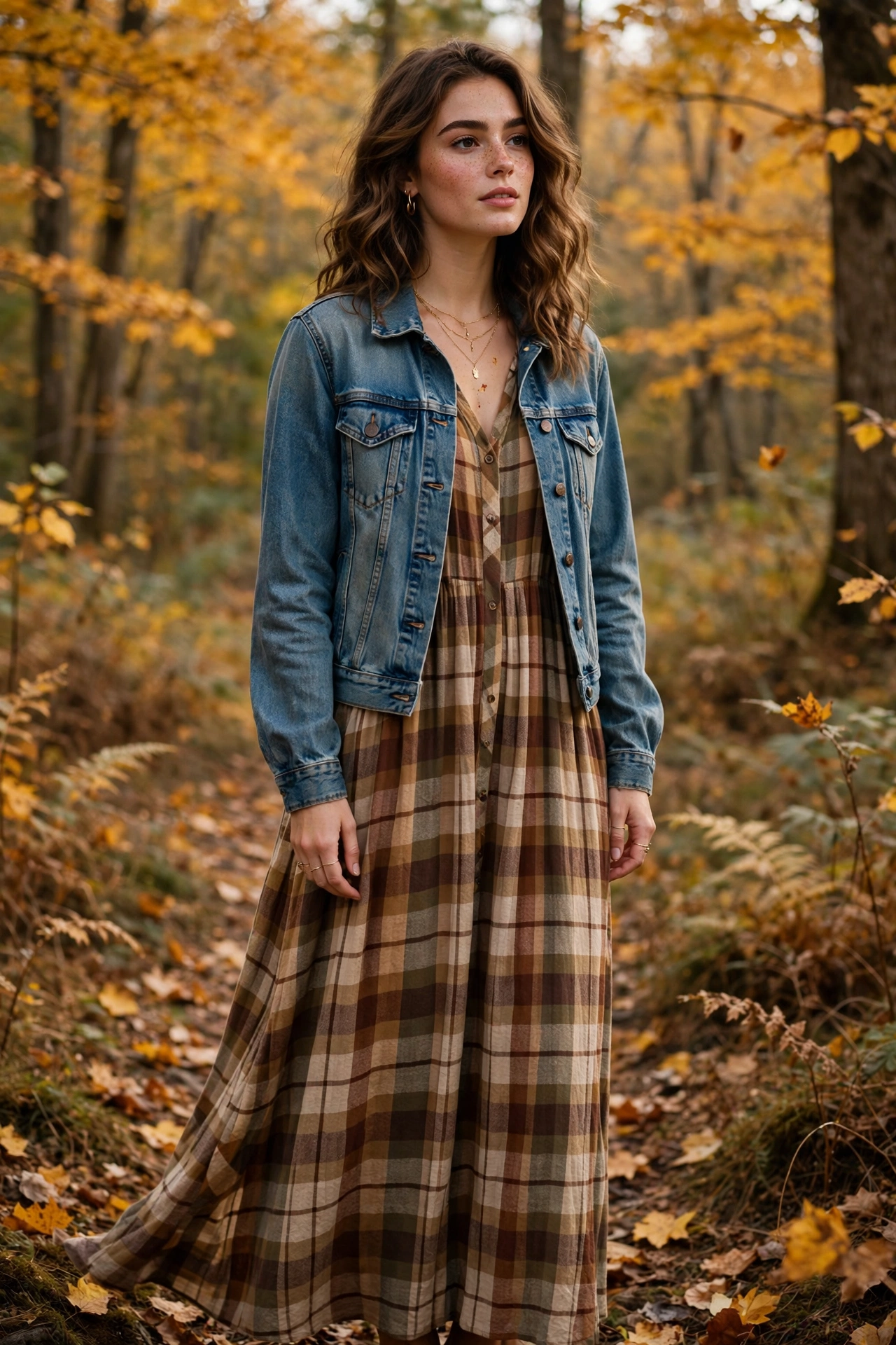 Woman wearing a plaid flannel shirt dress with knee-high boots