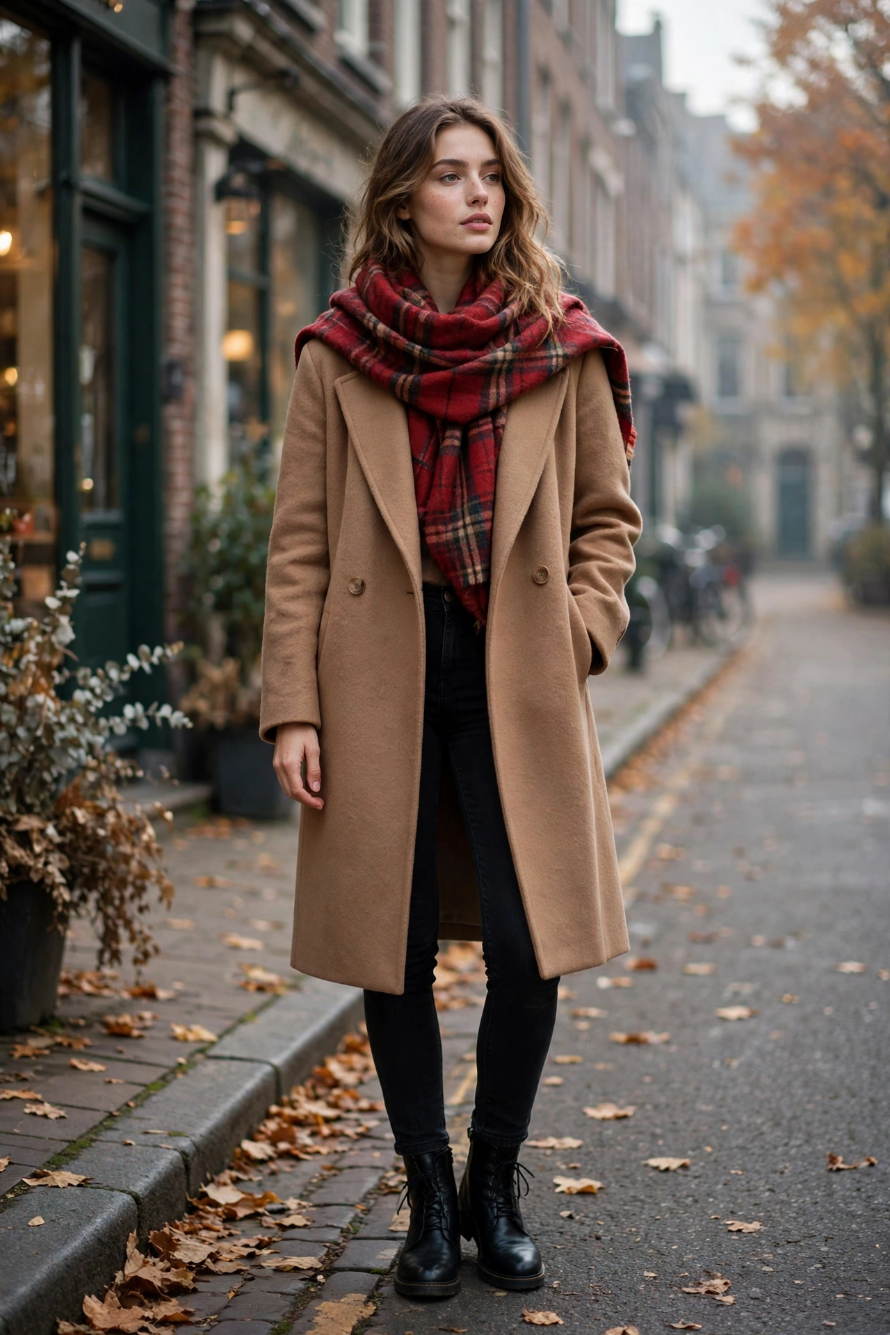 Woman in a camel coat with a tartan plaid scarf and gloves