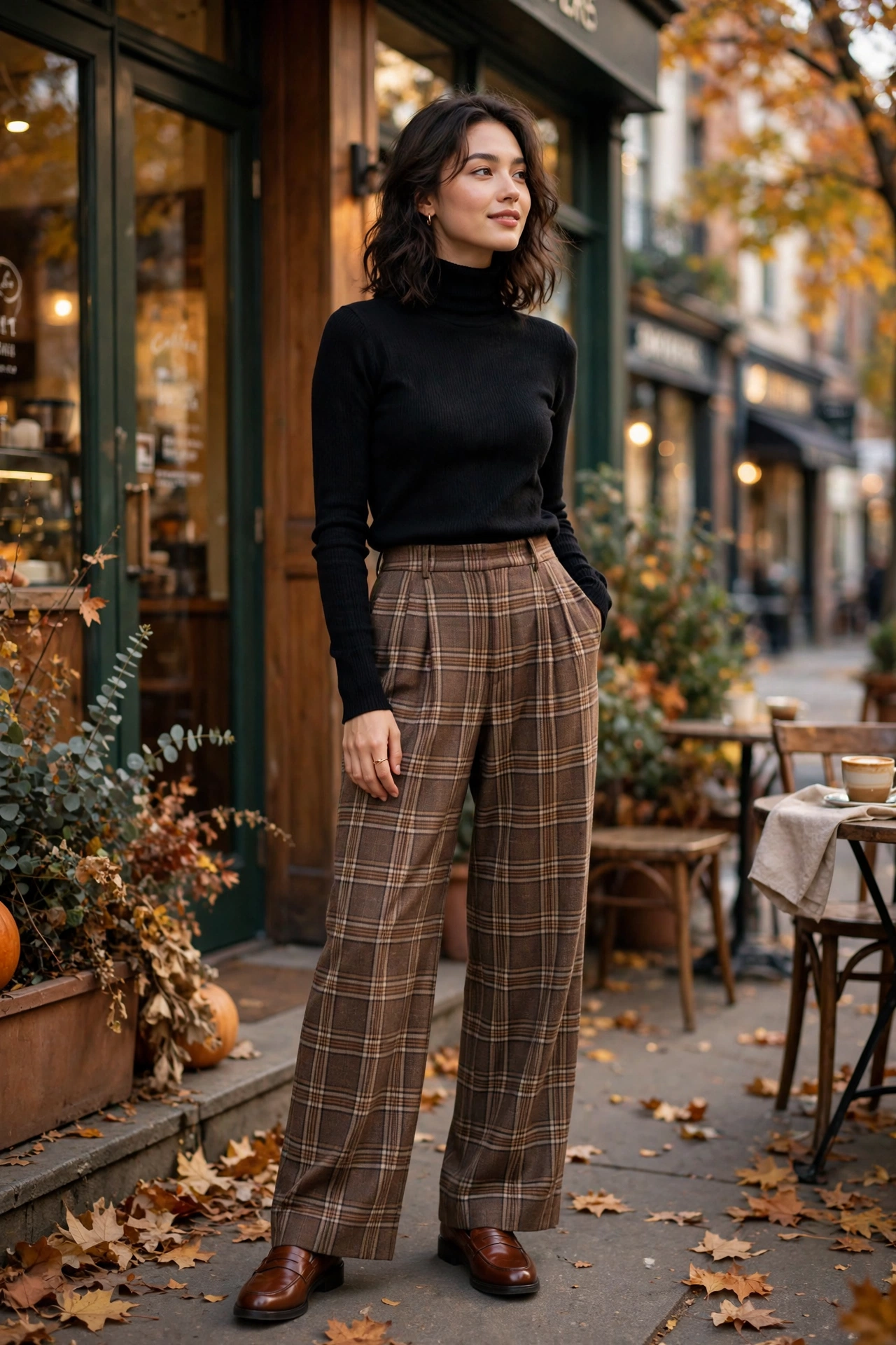 Woman wearing plaid wide-leg trousers with a cream sweater and loafers